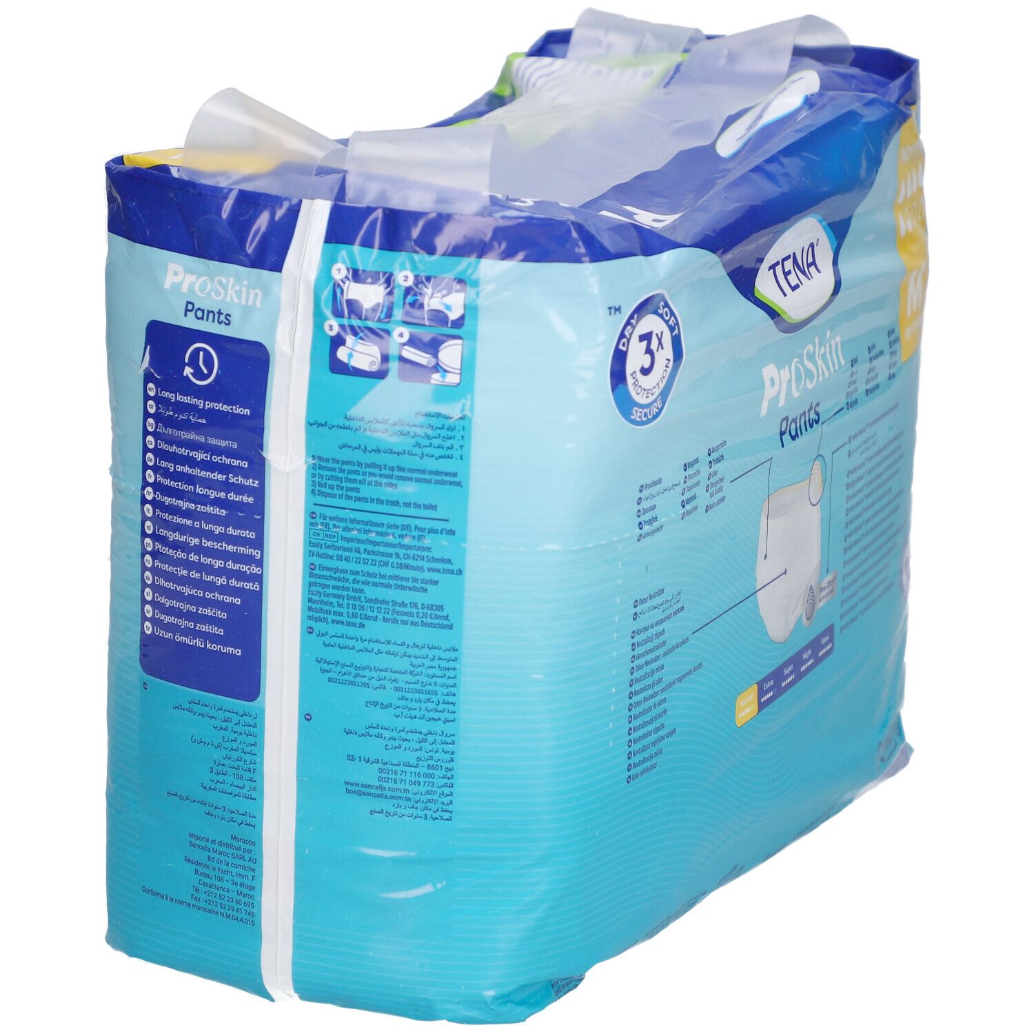 Verpackung TENA ProSkin Pants. Rückseite der Verpackung mit Produktinformationen und Texten in verschiedenen Sprachen. Sichtbar: 3x Schutz.