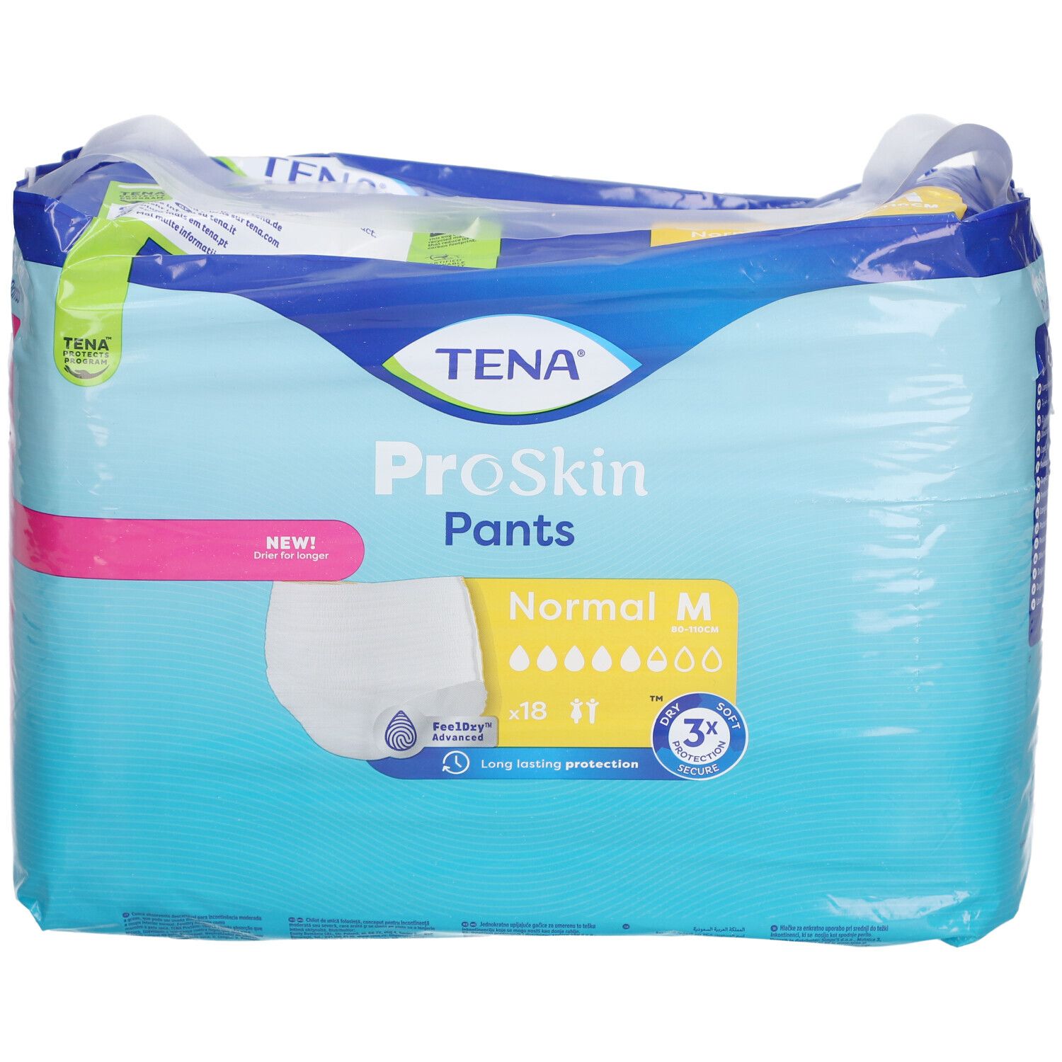 Verpackung TENA ProSkin Pants Normal M. Blaue Verpackung mit Produktabbildung und Produktinformationen. Sichtbar: Normal M, 18-41, 3x Schutz.