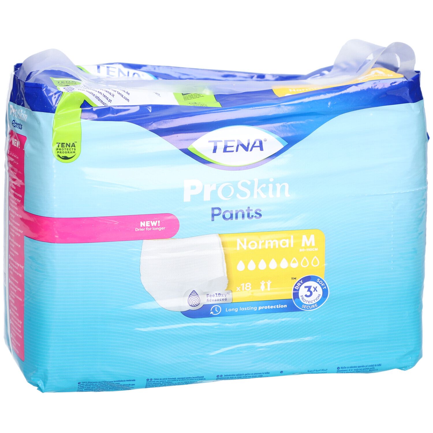 Verpackung TENA ProSkin Pants Normal M. Blaue Verpackung mit Produktabbildung und Produktinformationen. Sichtbar: NEW!, Normal M, 18-41, 3x Schutz.