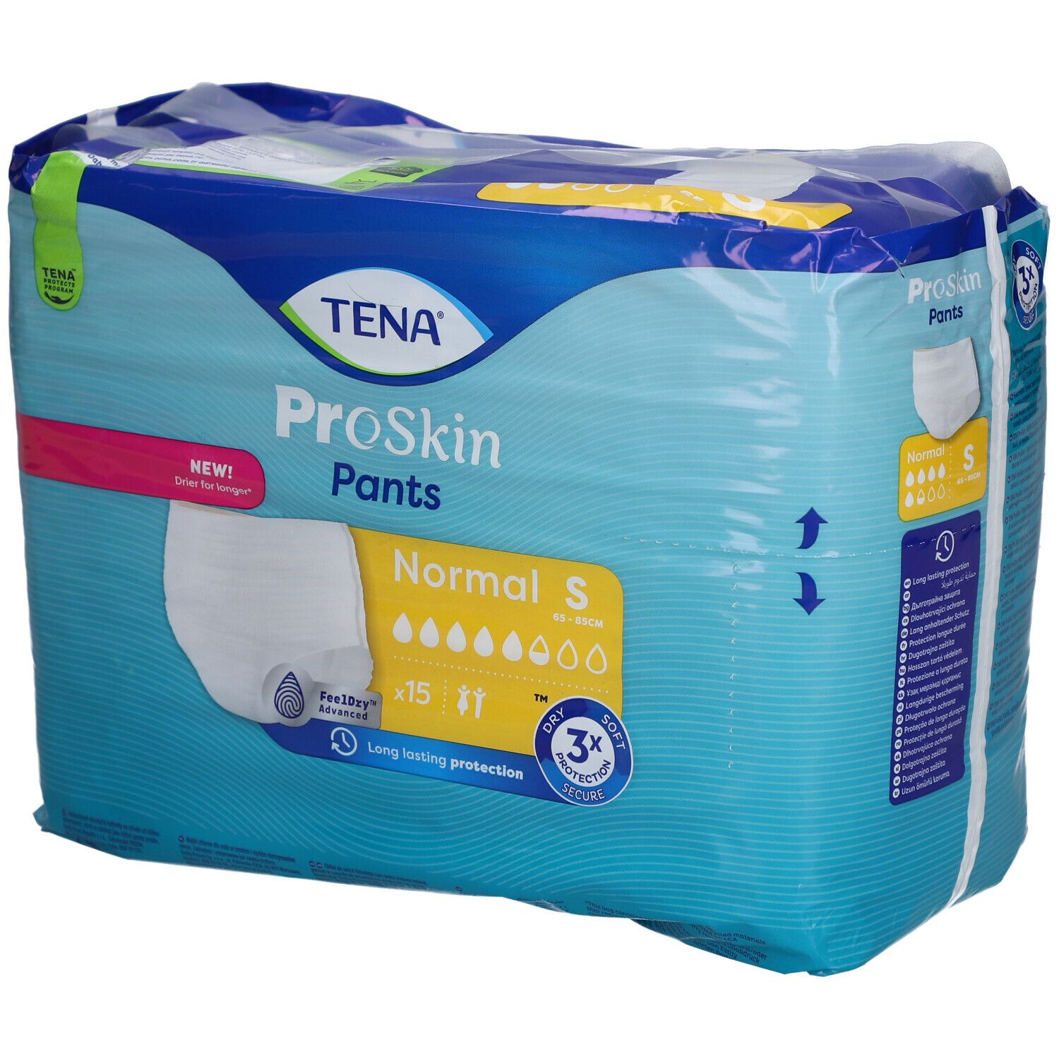 Verpackung TENA ProSkin Pants Normal S. Blaue Verpackung mit Produktabbildung und Größenangabe. Sichtbar: S, 15 Stück.
