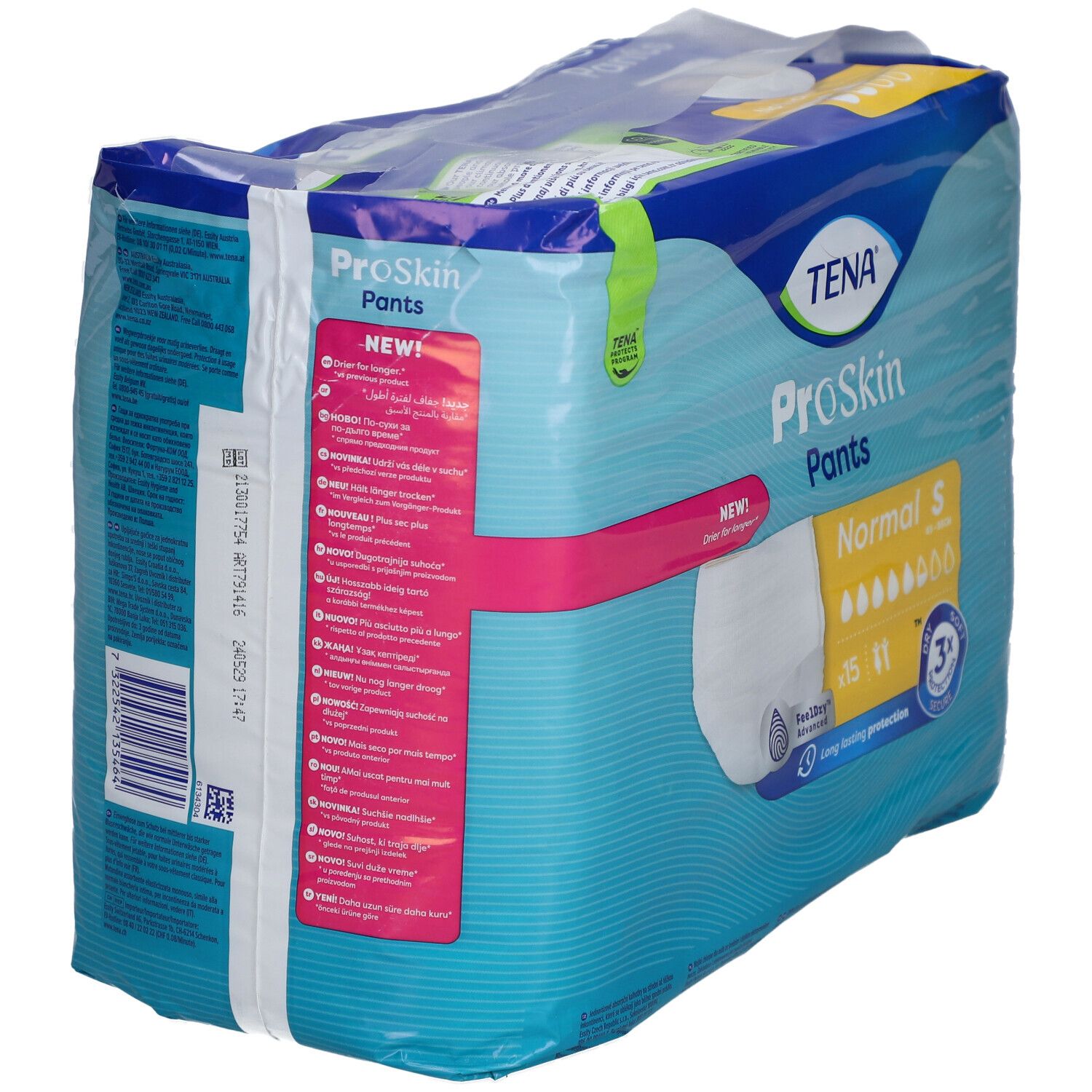 Rückseite der Verpackung TENA ProSkin Pants Normal S. Blaue Verpackung mit Produktinformationen und Text. Sichtbar: Produktname, Größe S.