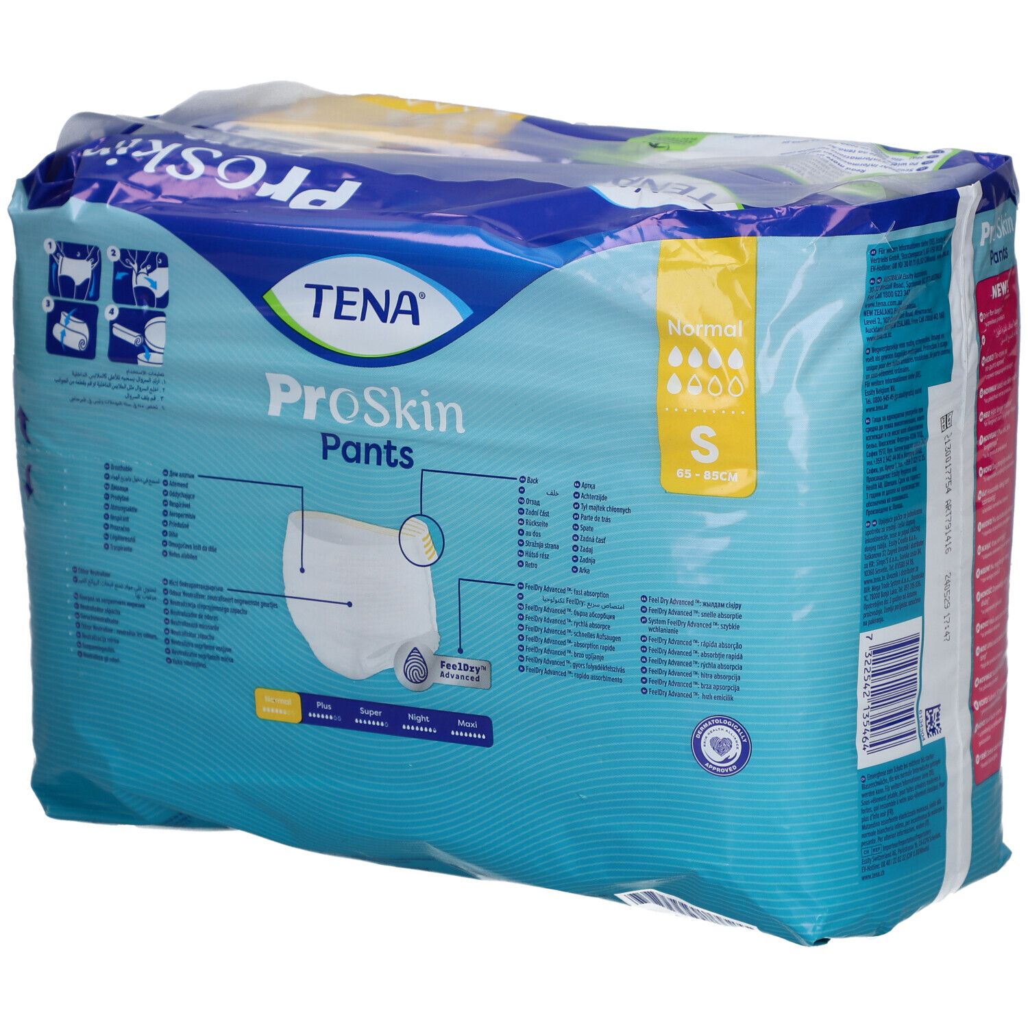 Verpackung TENA ProSkin Pants Normal S. Blaue Verpackung mit Produktabbildung und Größenangabe. Sichtbar: S, 65-85 cm.