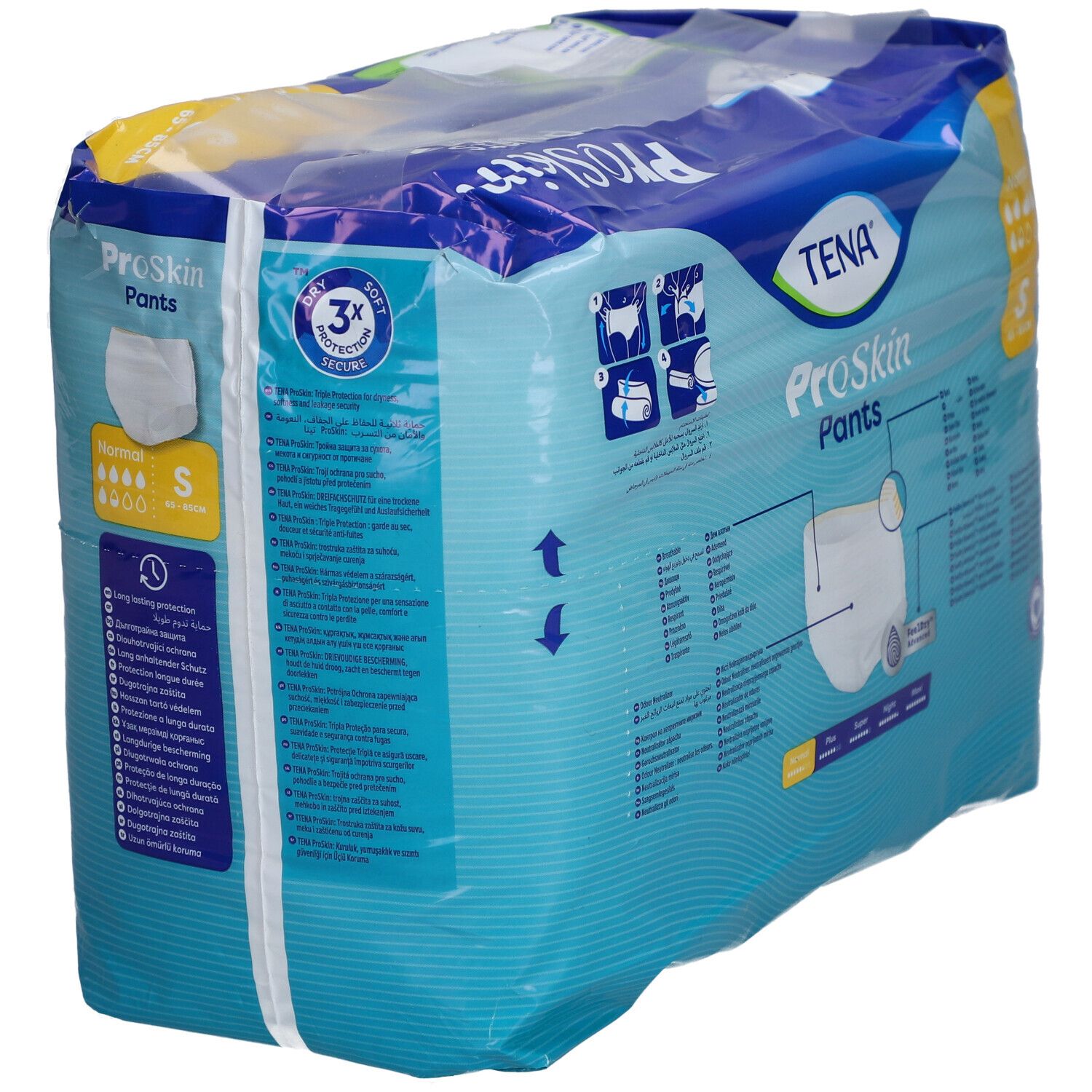 Verpackung TENA ProSkin Pants Normal S. Blaue Verpackung mit Produktabbildung und Größenangabe. Sichtbar: S, 65-85 cm.