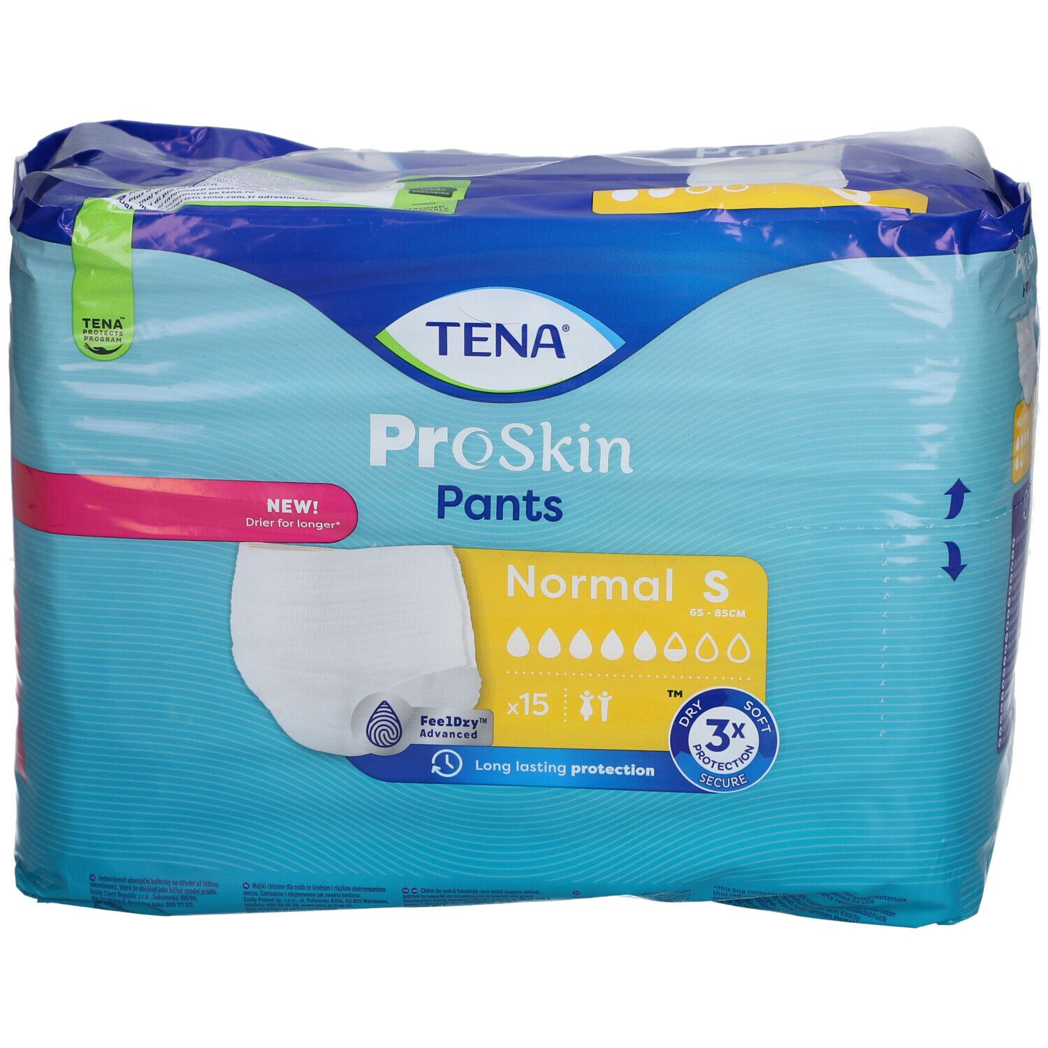 Verpackung TENA ProSkin Pants Normal S. Blaue Verpackung mit Produktabbildung und Größenangabe. Sichtbar: S, 15 Stück.