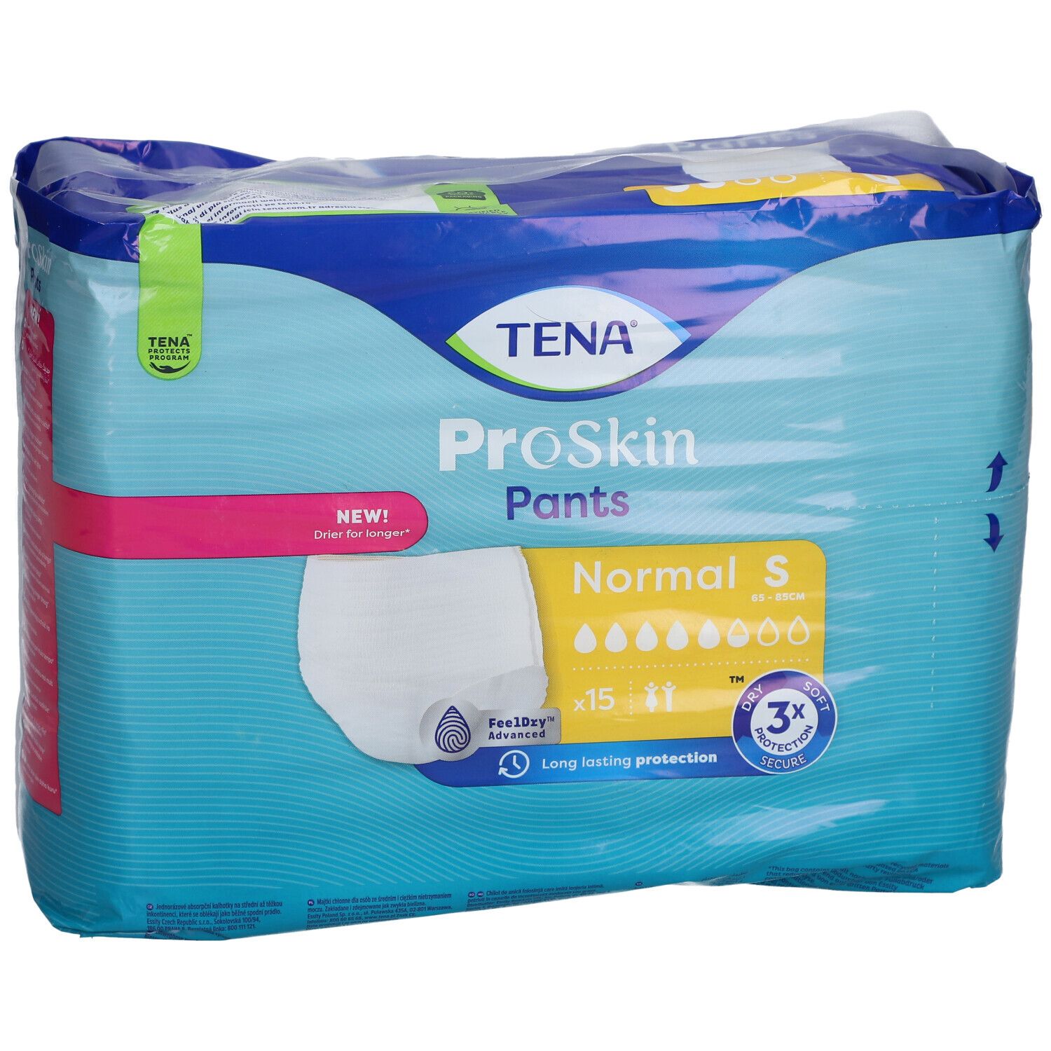 Verpackung TENA ProSkin Pants Normal S. Blaue Verpackung mit Produktabbildung und Größenangabe. Sichtbar: S, 15 Stück.