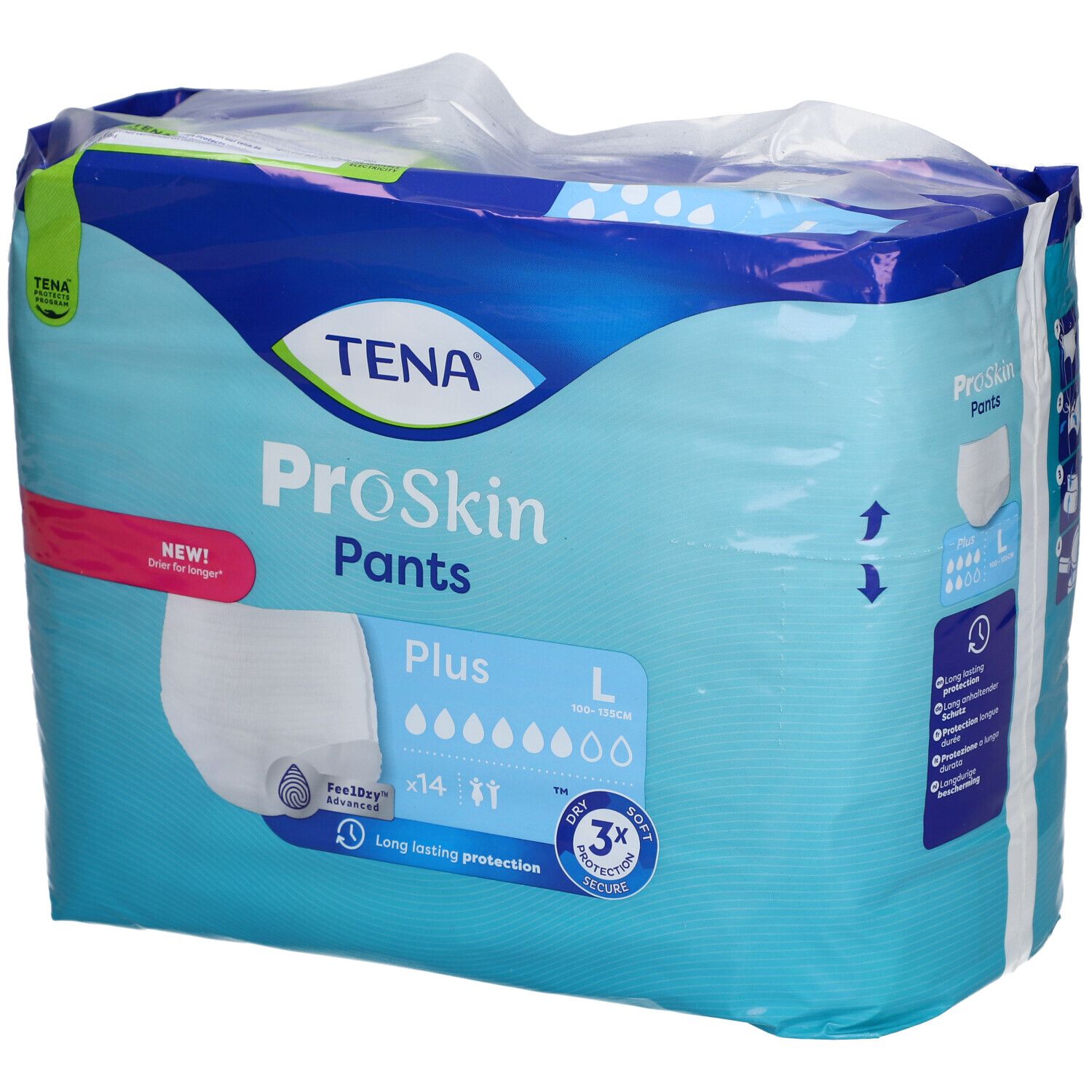 Verpackung von TENA ProSkin Pants Plus L. Blaue Verpackung mit Produktabbildung und Logos. Größe L, 14 Stück.