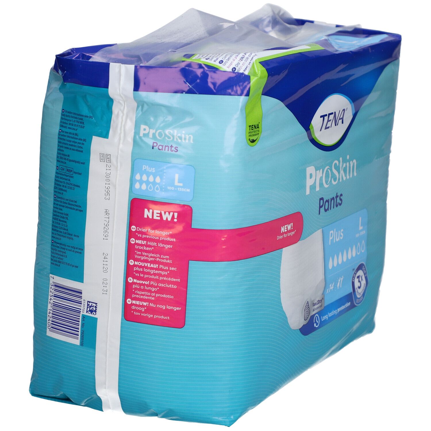 Rückseite der Verpackung von TENA ProSkin Pants Plus L. Blaue Verpackung mit Produktinformationen und Logos. Größe L.
