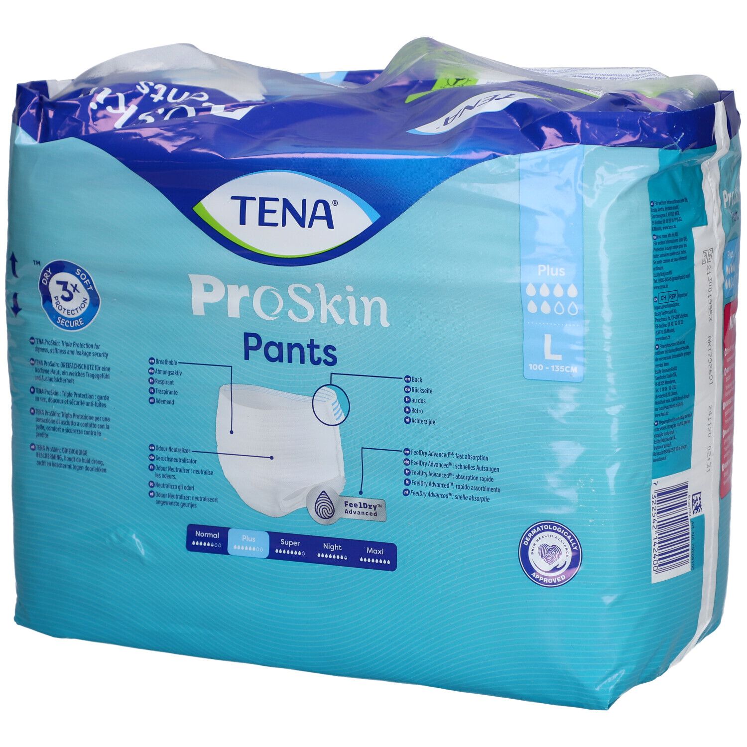 Verpackung von TENA ProSkin Pants Plus L. Blaue Verpackung mit Produktabbildung und Logos. Größe L, mit Produktmerkmalen.