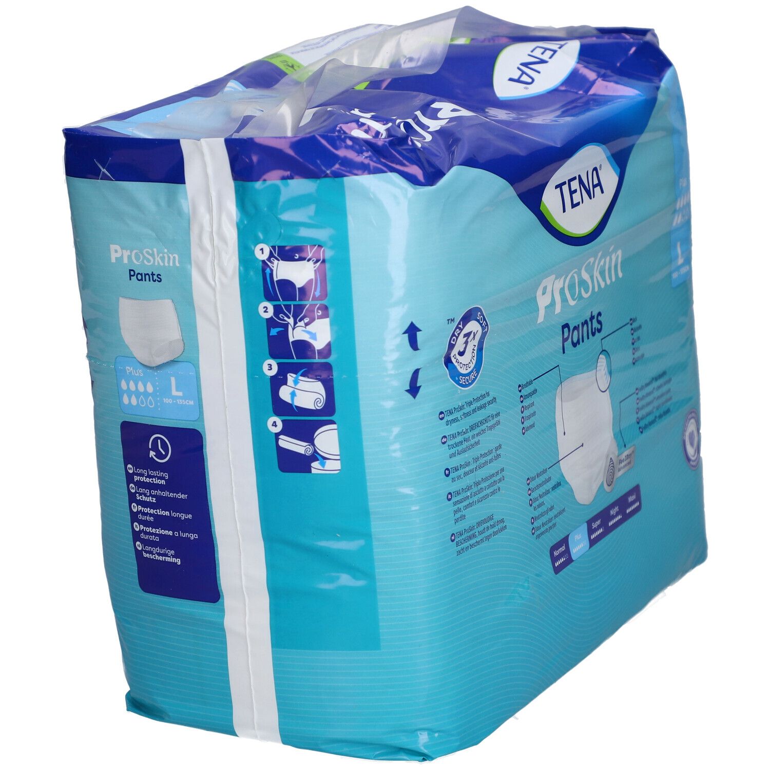 Rückseite der Verpackung von TENA ProSkin Pants Plus L. Blaue Verpackung mit Produktinformationen und Logos. Größe L.
