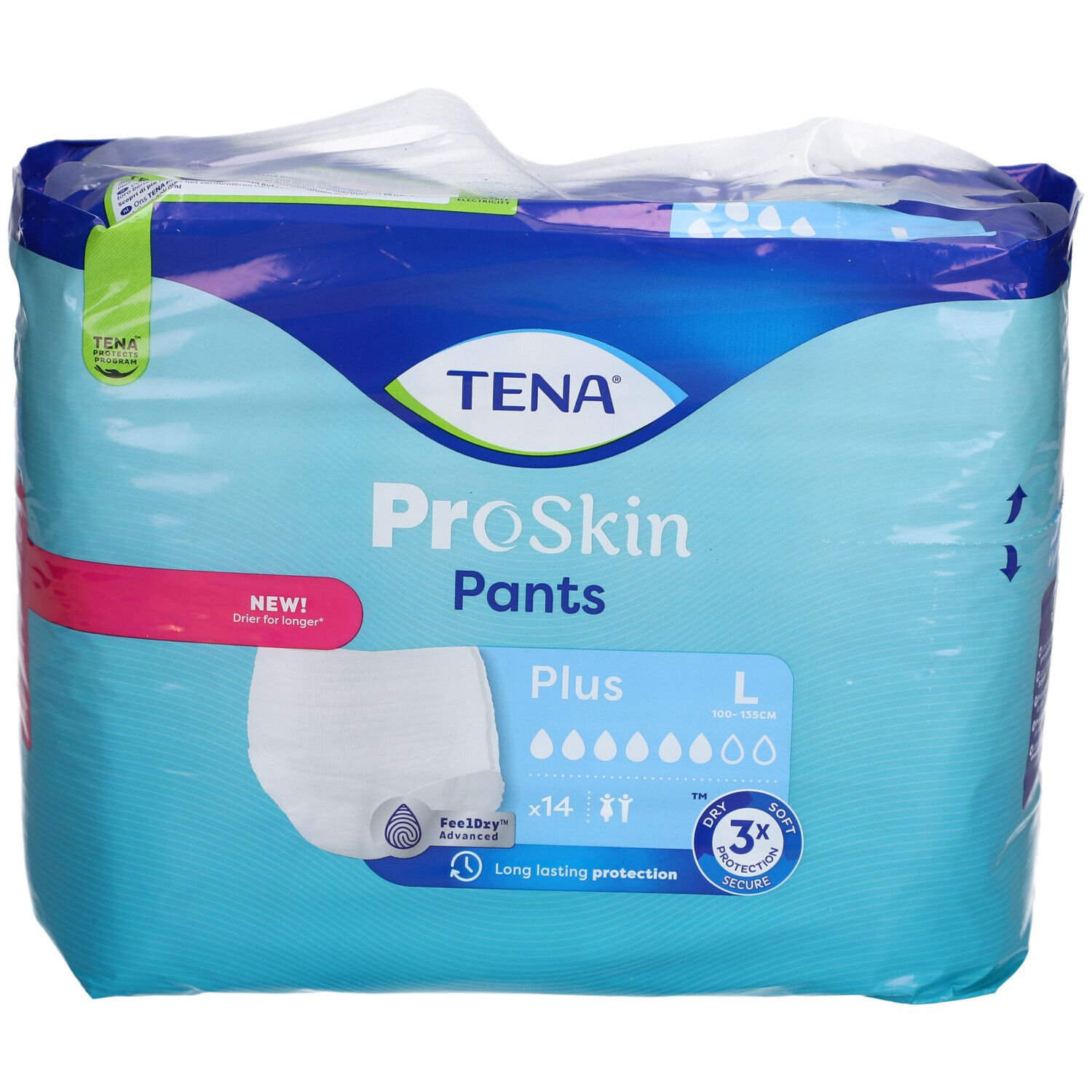 Verpackung von TENA ProSkin Pants Plus L. Blaue Verpackung mit Produktabbildung und Logos. Größe L, 14 Stück.
