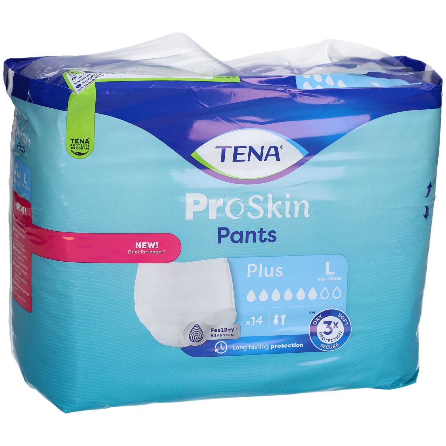 Verpackung von TENA ProSkin Pants Plus L. Blaue Verpackung mit Produktabbildung und Logos. Größe L, 14 Stück.