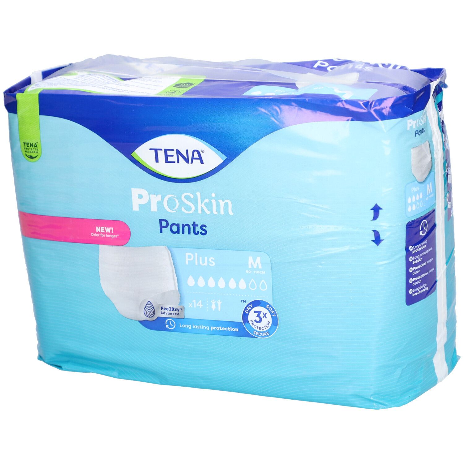 Verpackung TENA ProSkin Pants Plus M. Blaue Verpackung mit Produktabbildung und Logo. Größe M, 14 Stück.