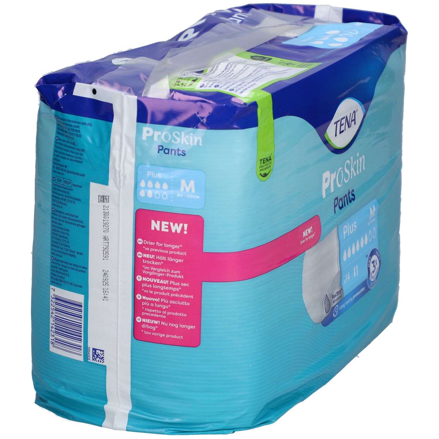 Verpackung TENA ProSkin Pants Plus M. Blaue Verpackung, Seitenansicht. Produktname, Größe M, und weitere Informationen.