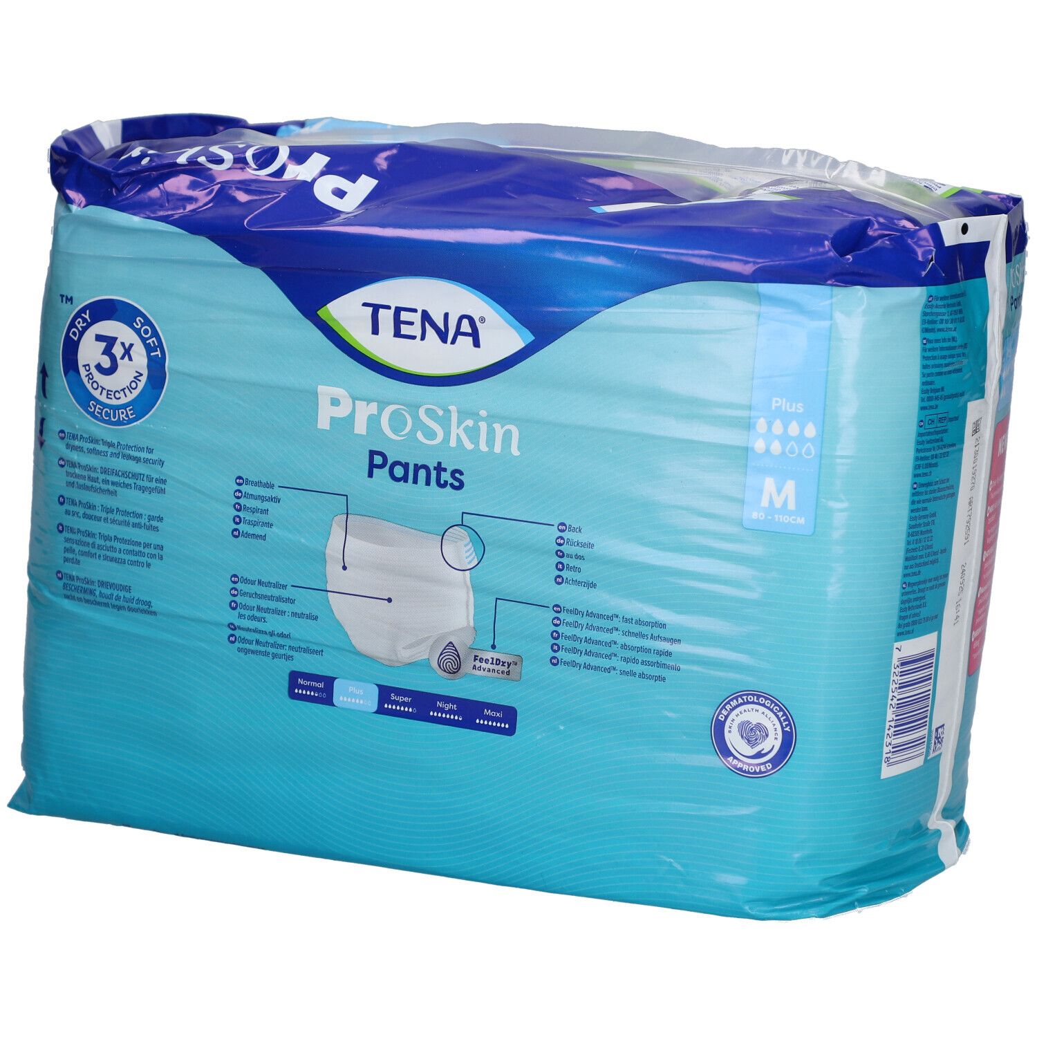 Verpackung TENA ProSkin Pants Plus M. Blaue Verpackung, Rückansicht. Produktname, Größe M, und weitere Informationen.
