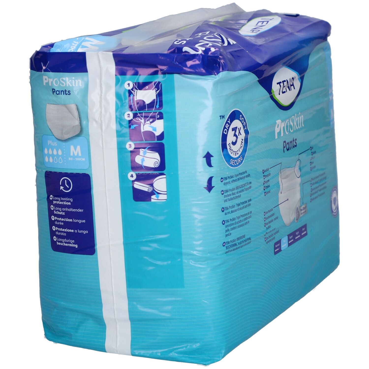 Verpackung TENA ProSkin Pants Plus M. Blaue Verpackung, schräge Ansicht. Produktname, Größe M, und weitere Informationen.