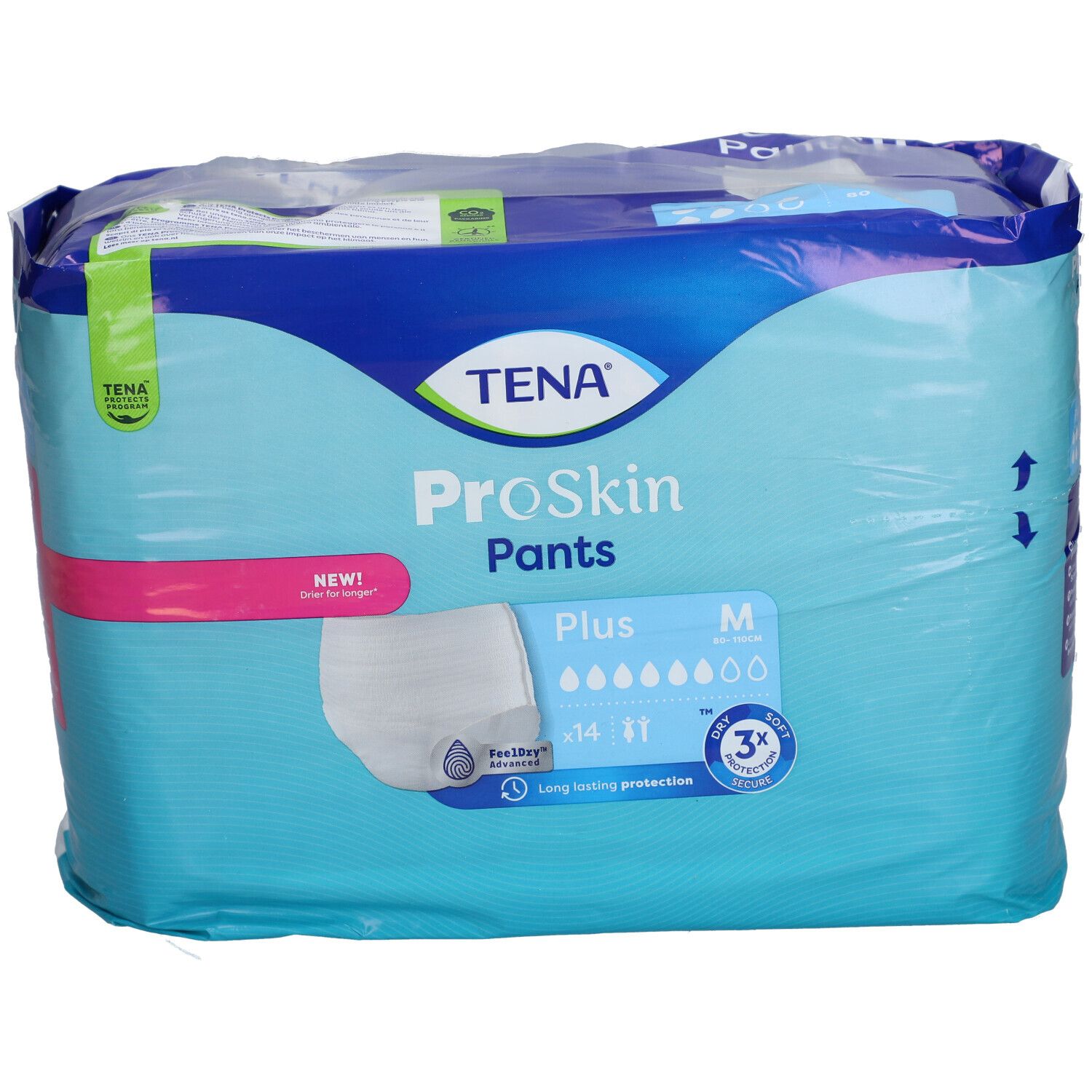 Verpackung TENA ProSkin Pants Plus M. Blaue Verpackung mit Produktabbildung und Logo. Größe M, 14 Stück.