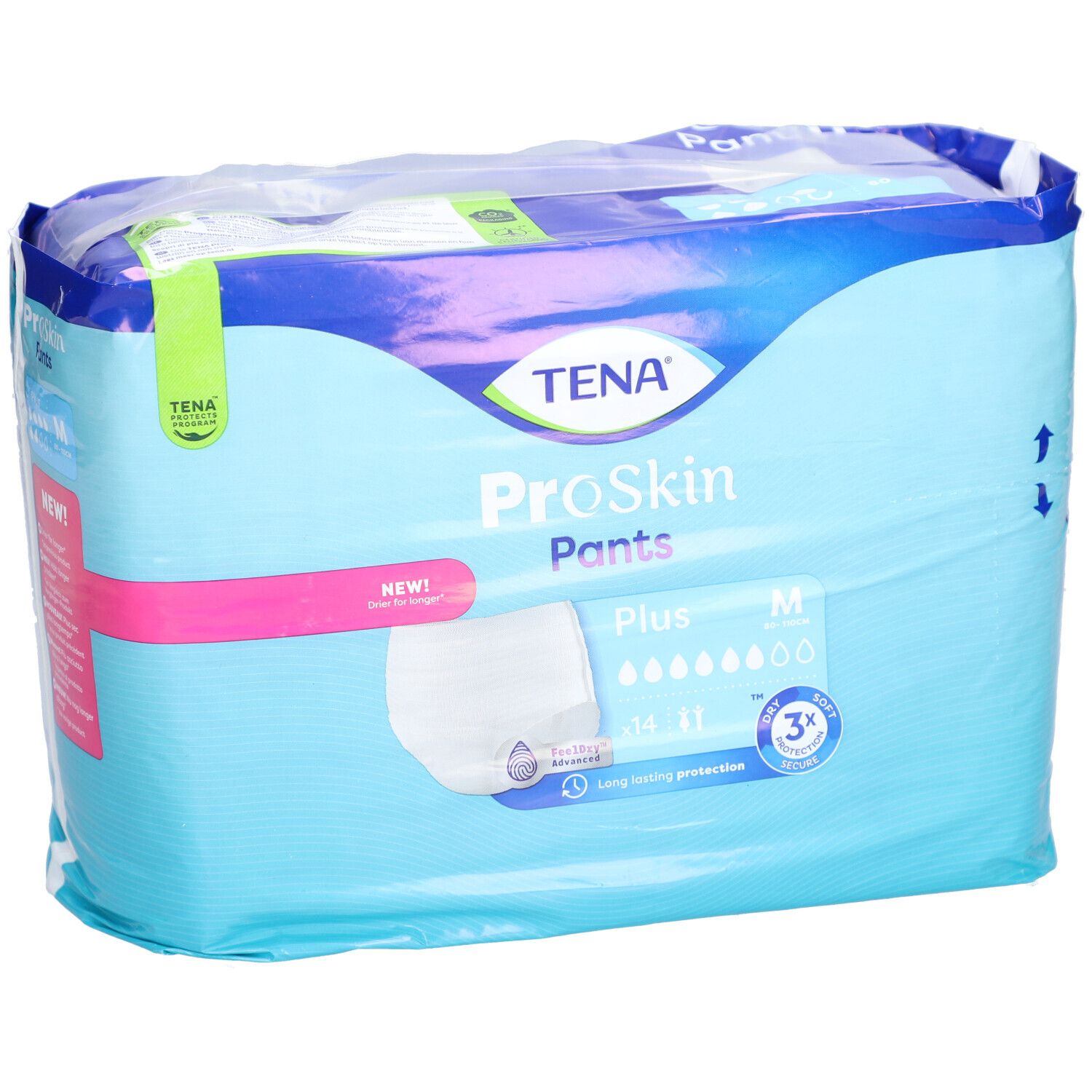 Verpackung TENA ProSkin Pants Plus M. Blaue Verpackung mit Produktabbildung und Logo. Größe M, 14 Stück.