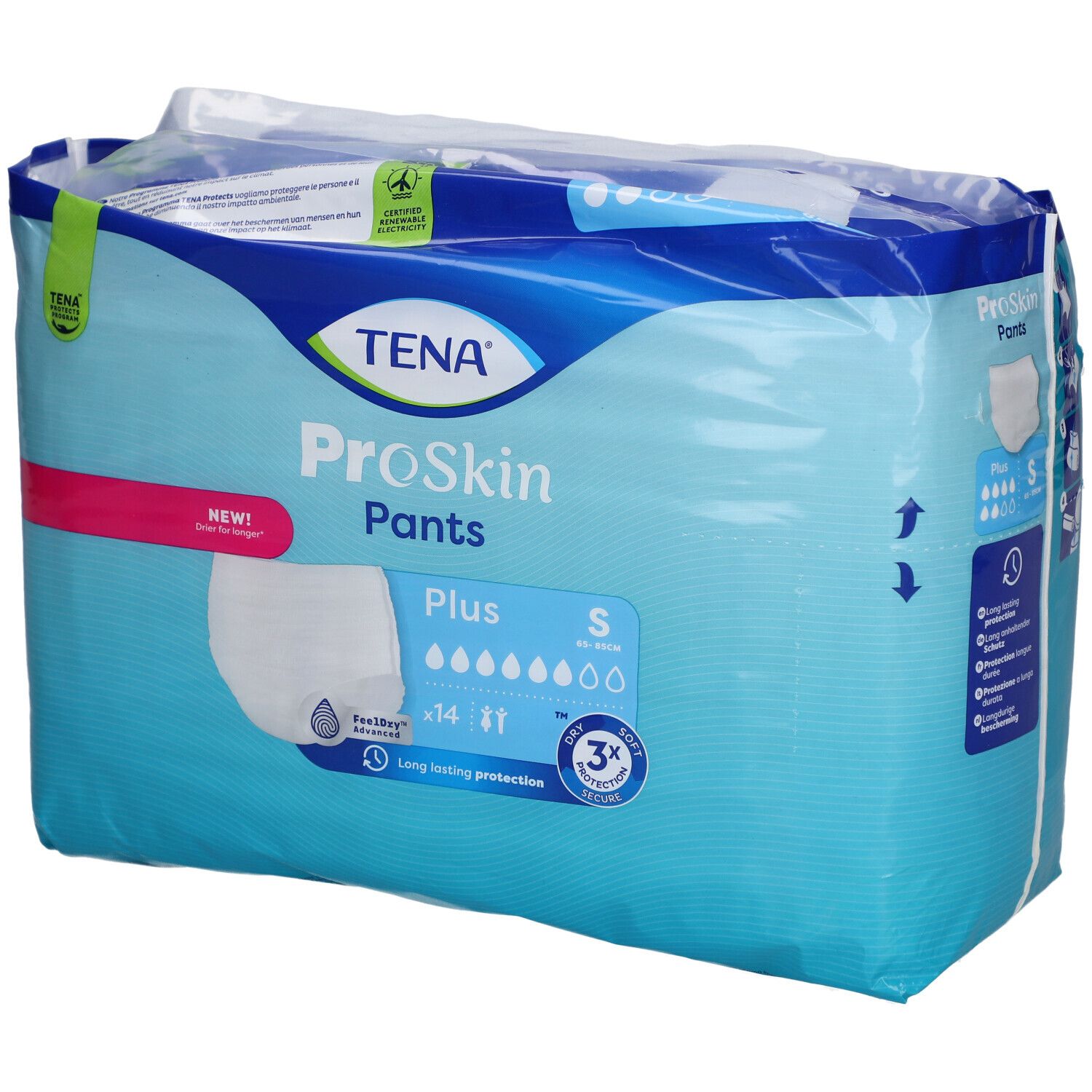 Verpackung TENA ProSkin Pants Plus S. Blaue Verpackung mit Produktabbildung und Logos. Größe S, 14 Stück.