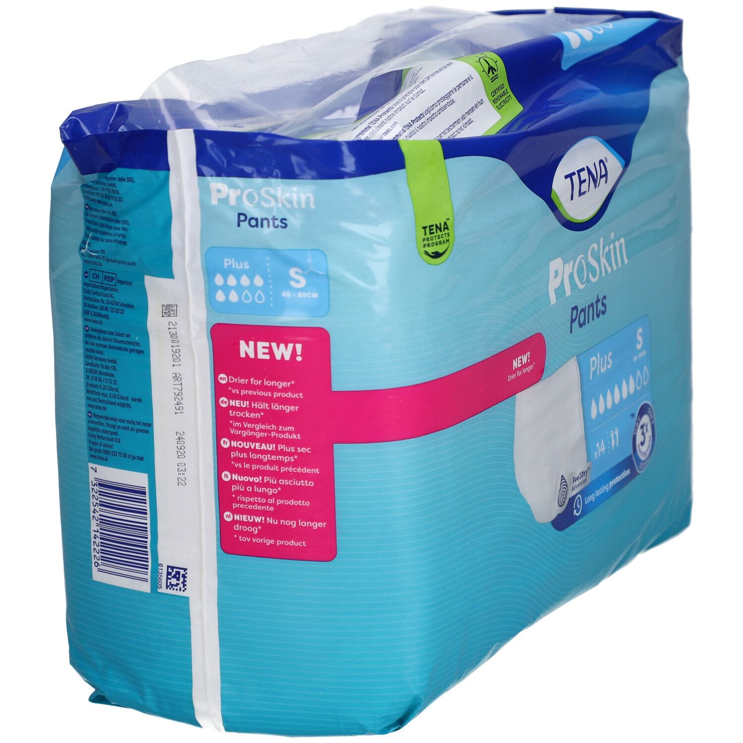 Verpackung TENA ProSkin Pants Plus S. Blaue Verpackung mit Produktabbildung und Logos. Größe S, 14 Stück.