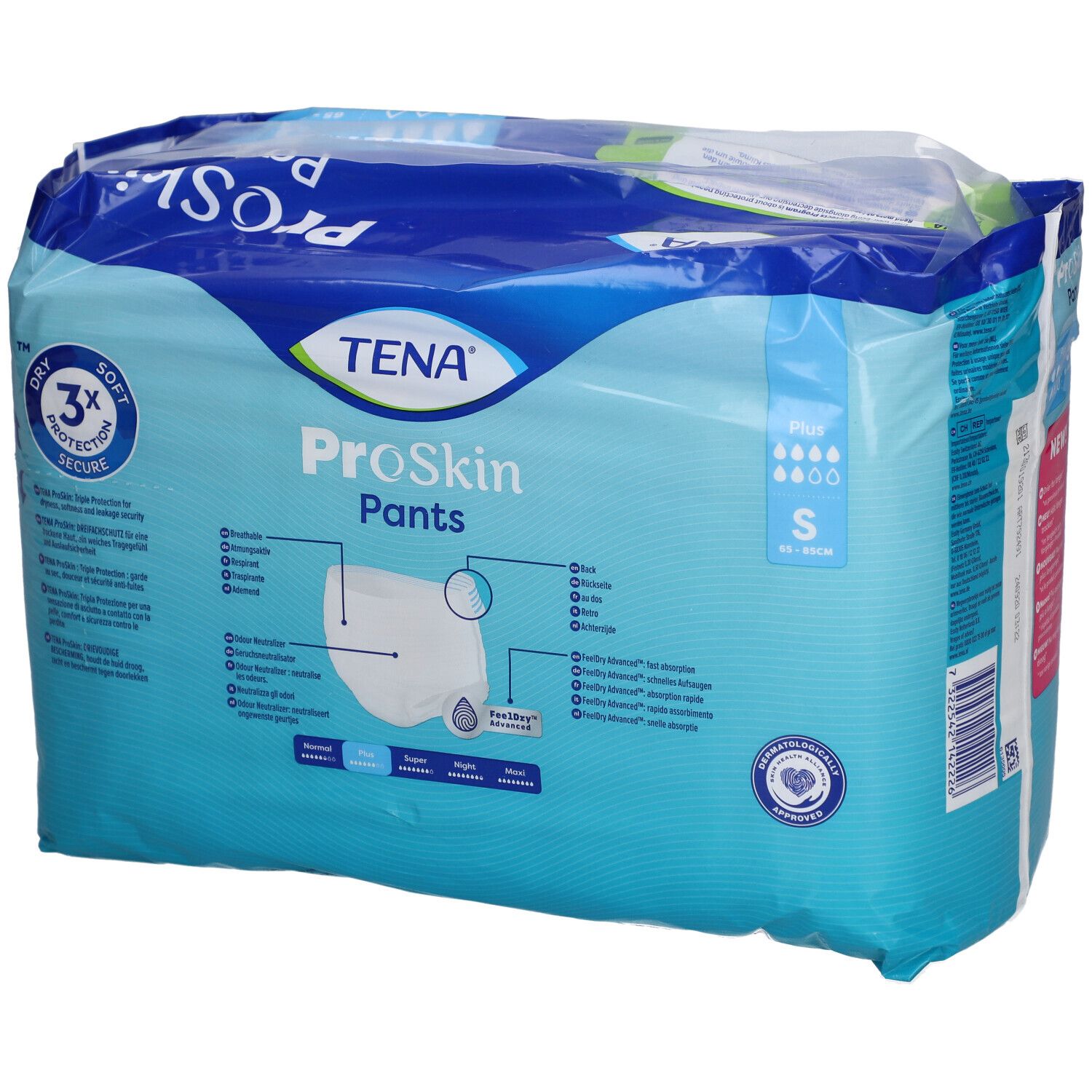 Verpackung TENA ProSkin Pants Plus S. Blaue Verpackung mit Produktabbildung und Logos. Größe S, 14 Stück.