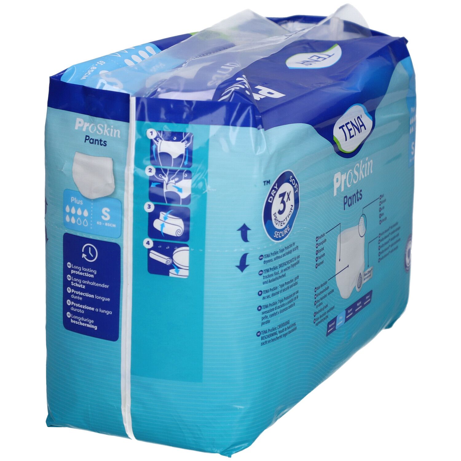 Verpackung TENA ProSkin Pants Plus S. Blaue Verpackung mit Produktabbildung und Logos. Größe S, 14 Stück.