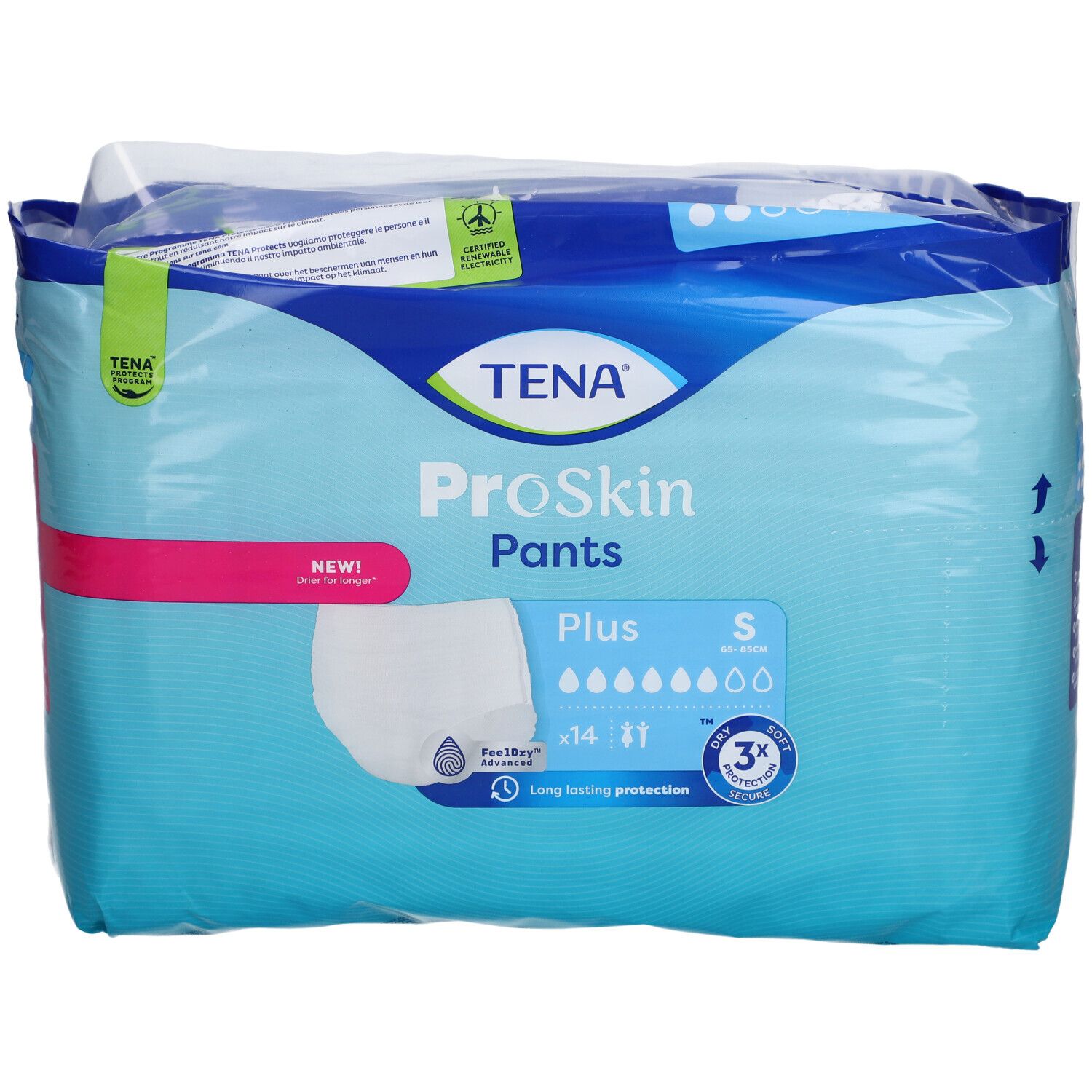 Verpackung TENA ProSkin Pants Plus S. Blaue Verpackung mit Produktabbildung und Logos. Größe S, 14 Stück.