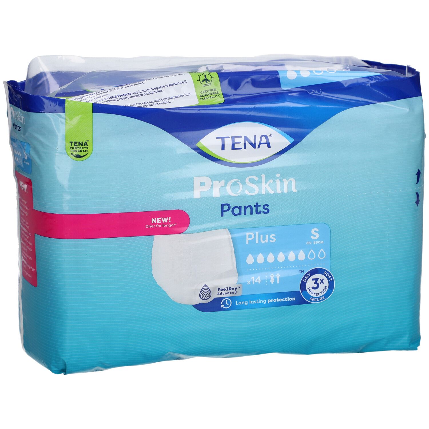 Verpackung TENA ProSkin Pants Plus S. Blaue Verpackung mit Produktabbildung und Logos. Größe S, 14 Stück.