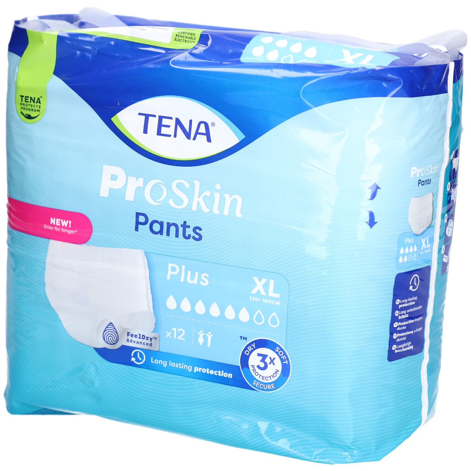 Verpackung TENA ProSkin Pants Plus XL. Blaue Verpackung mit Produktabbildung und Informationen. Enthält 12 Stück.