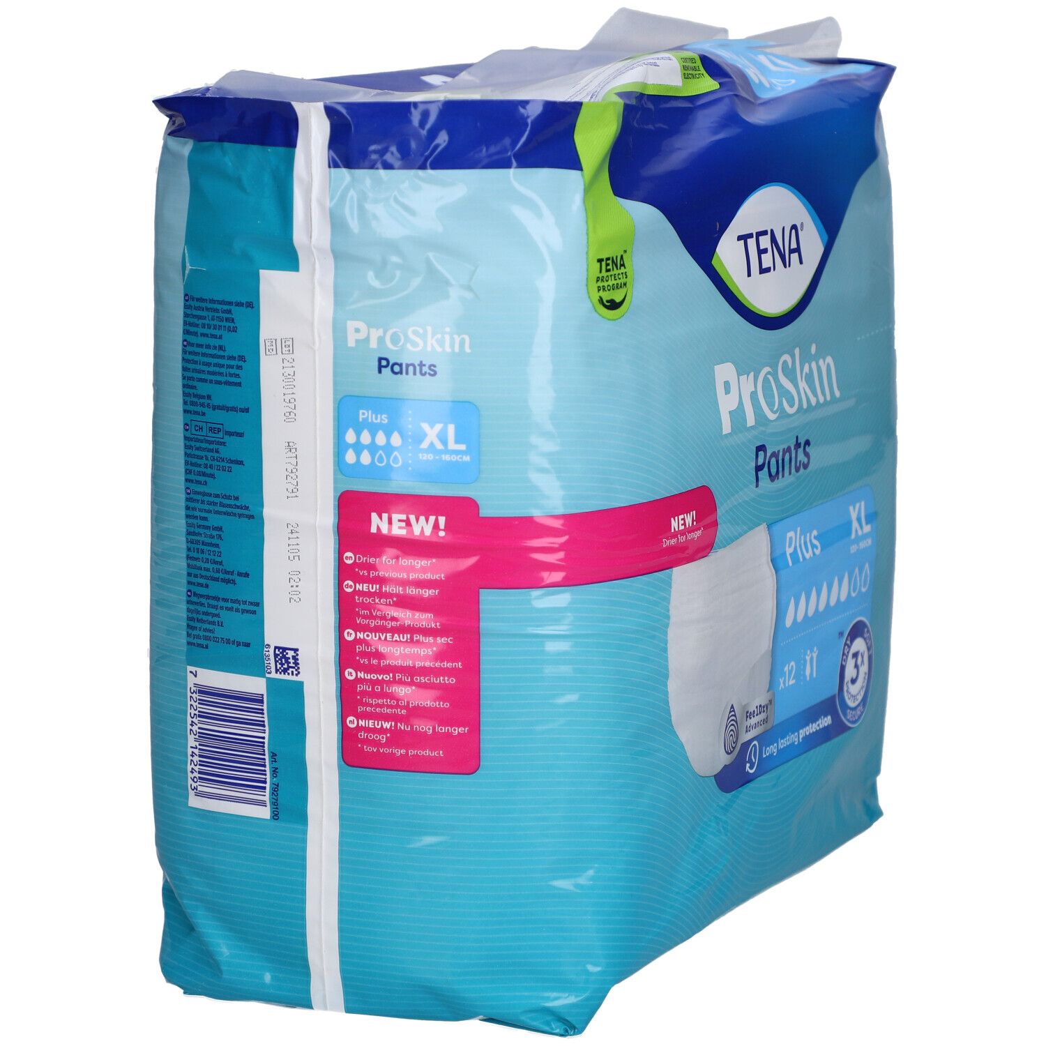 Rückseite der Verpackung TENA ProSkin Pants Plus XL. Produktinformationen und Abbildungen. XL-Größe.