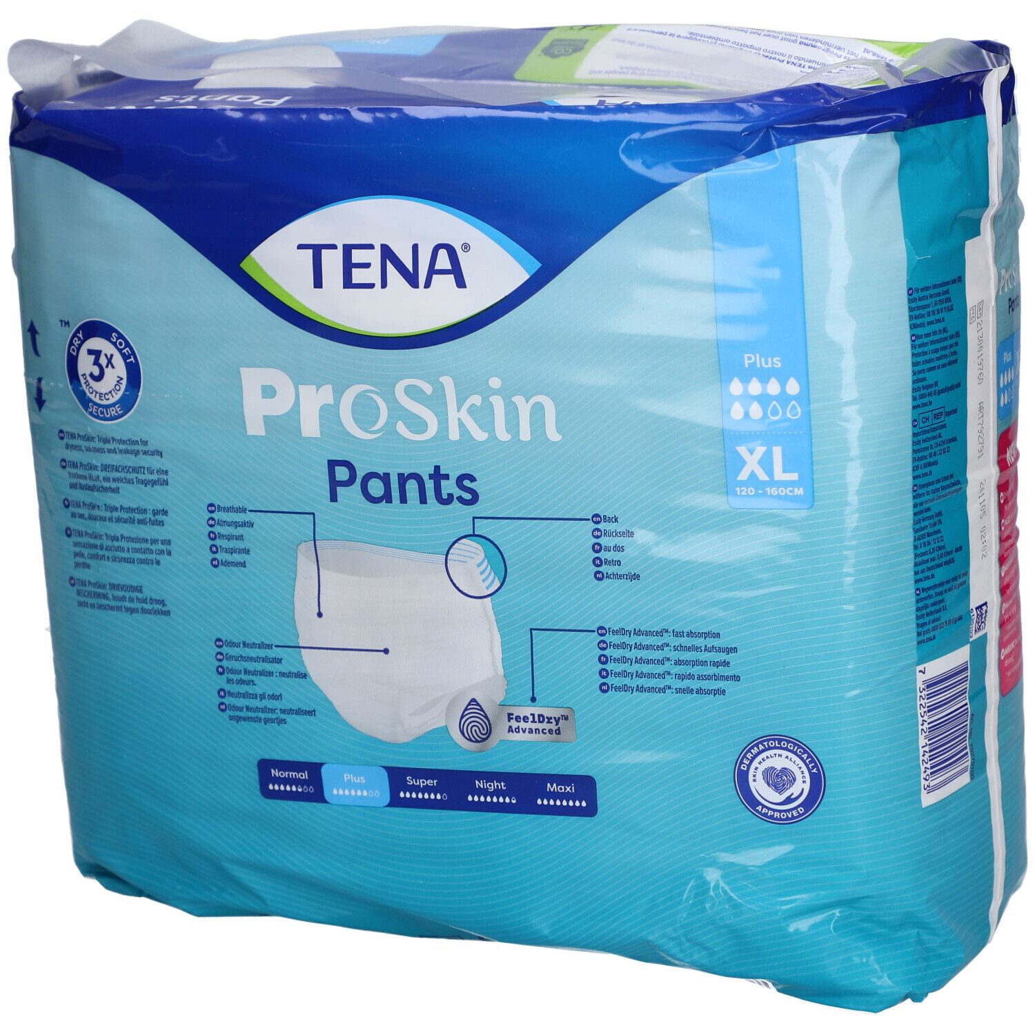 Verpackung TENA ProSkin Pants Plus XL. Blaue Verpackung mit Produktabbildung und Informationen. XL-Größe.