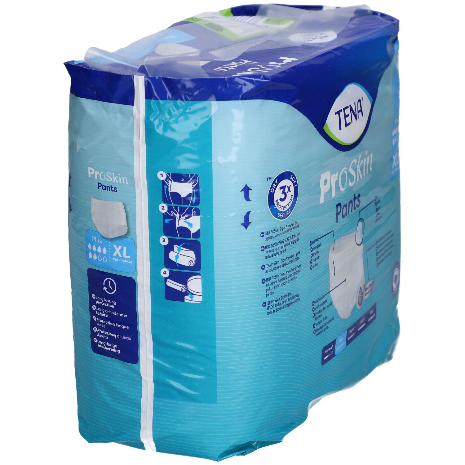 Verpackung TENA ProSkin Pants Plus XL. Produktabbildungen und Informationen. XL-Größe.