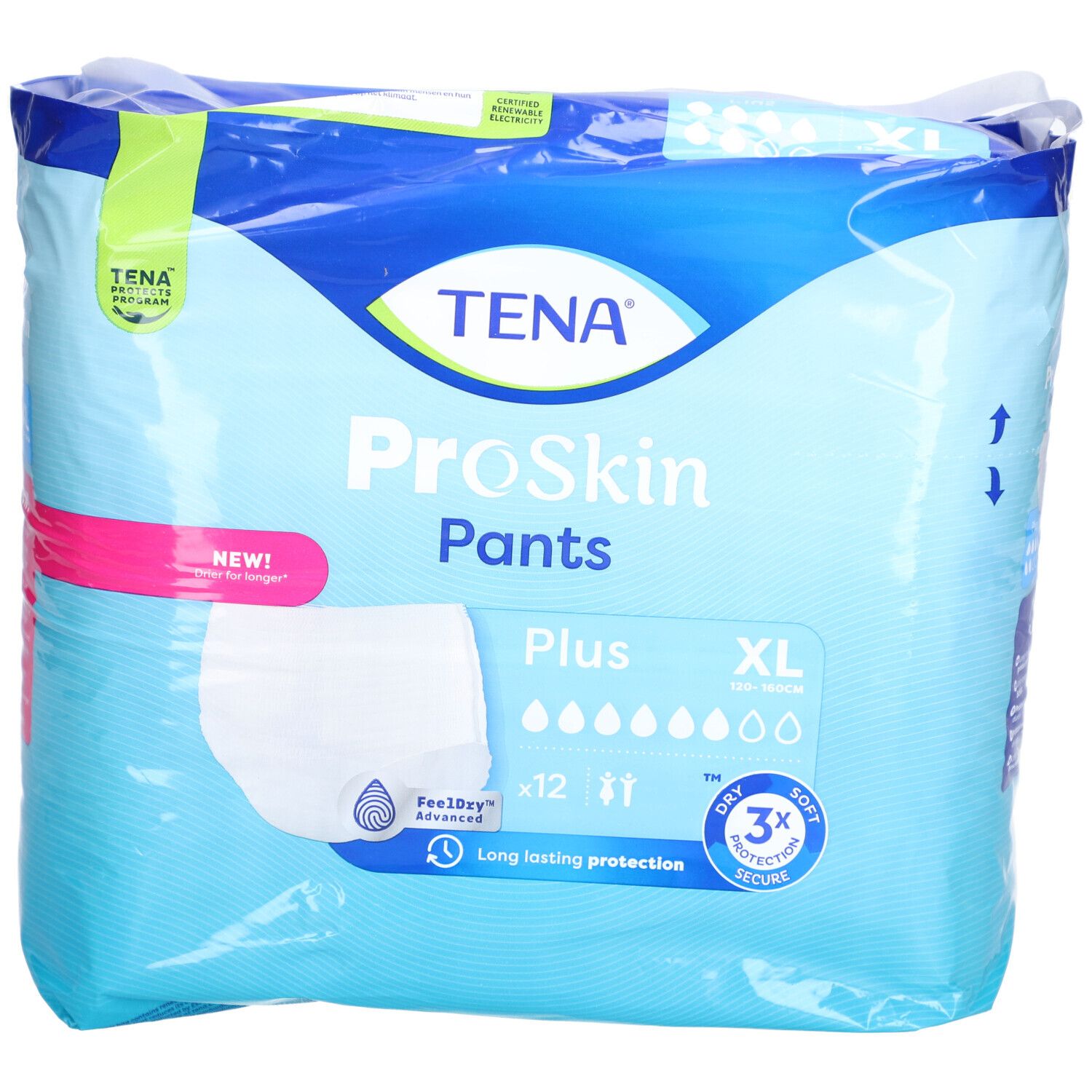 Verpackung TENA ProSkin Pants Plus XL. Blaue Verpackung mit Produktabbildung und Informationen. Enthält 12 Stück.