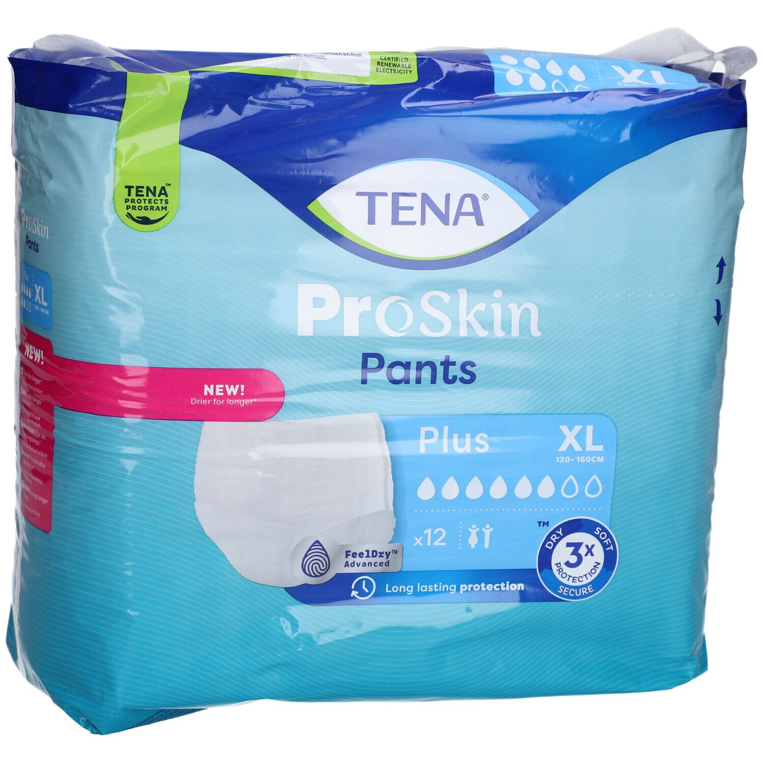 Verpackung TENA ProSkin Pants Plus XL. Blaue Verpackung mit Produktabbildung und Informationen. Enthält 12 Stück.