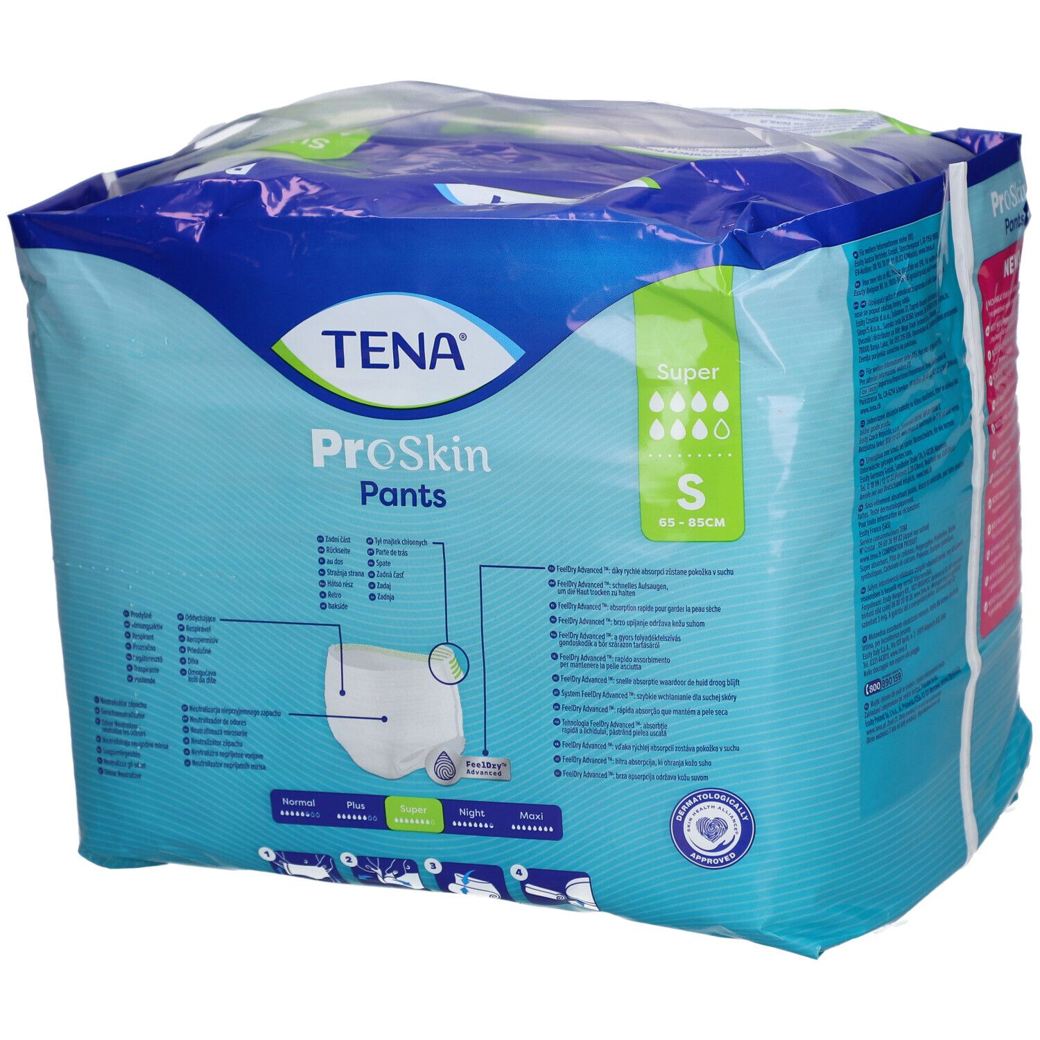 Verpackung TENA ProSkin Pants Super S. Blaue Verpackung mit Produktabbildung und Logos. Größe S, 12 Stück.
