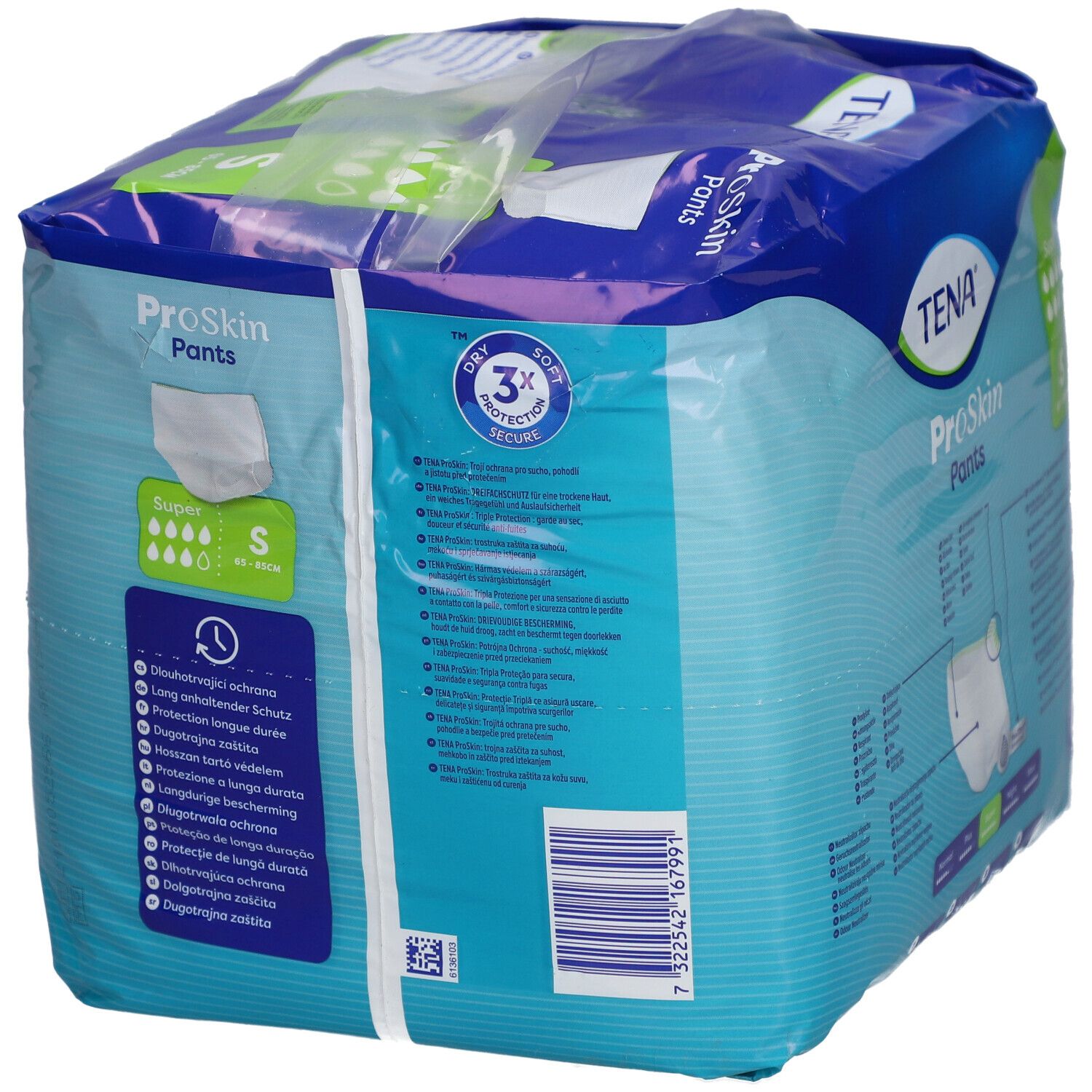 Verpackung TENA ProSkin Pants Super S. Blaue Verpackung mit Produktabbildung und Logos. Größe S, 12 Stück.