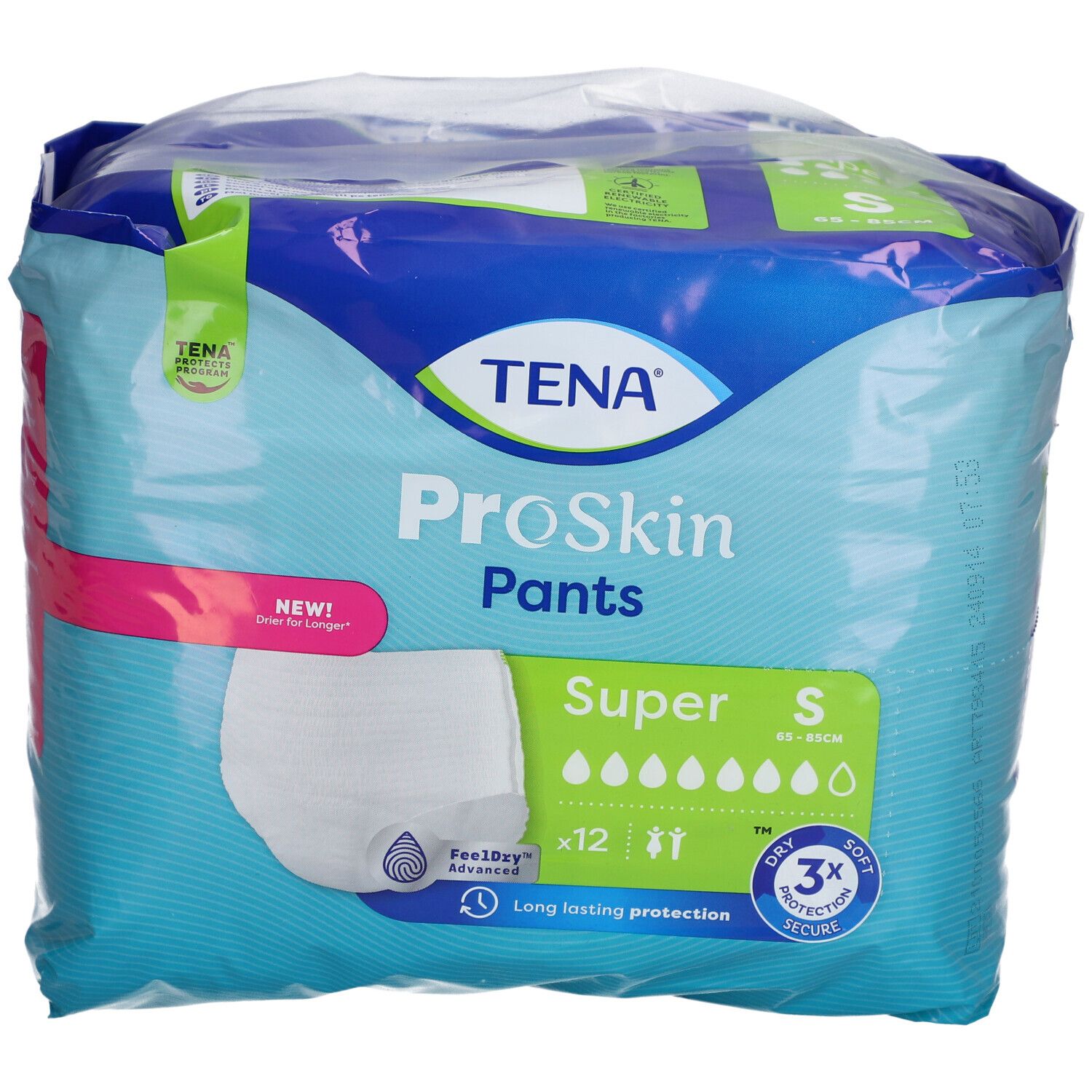 Verpackung TENA ProSkin Pants Super S. Blaue Verpackung mit Produktabbildung und Logos. Größe S, 12 Stück.