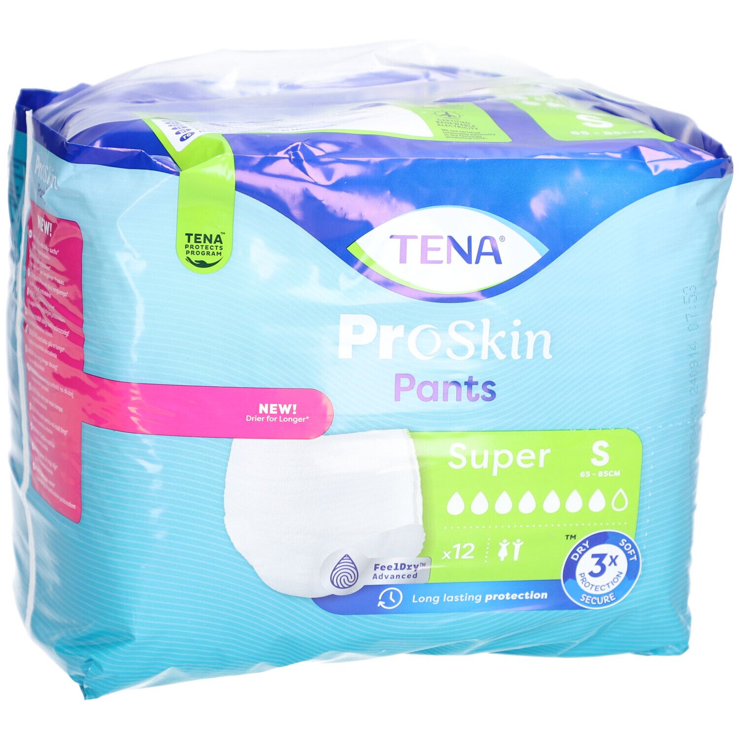 Verpackung TENA ProSkin Pants Super S. Blaue Verpackung mit Produktabbildung und Logos. Größe S, 12 Stück.