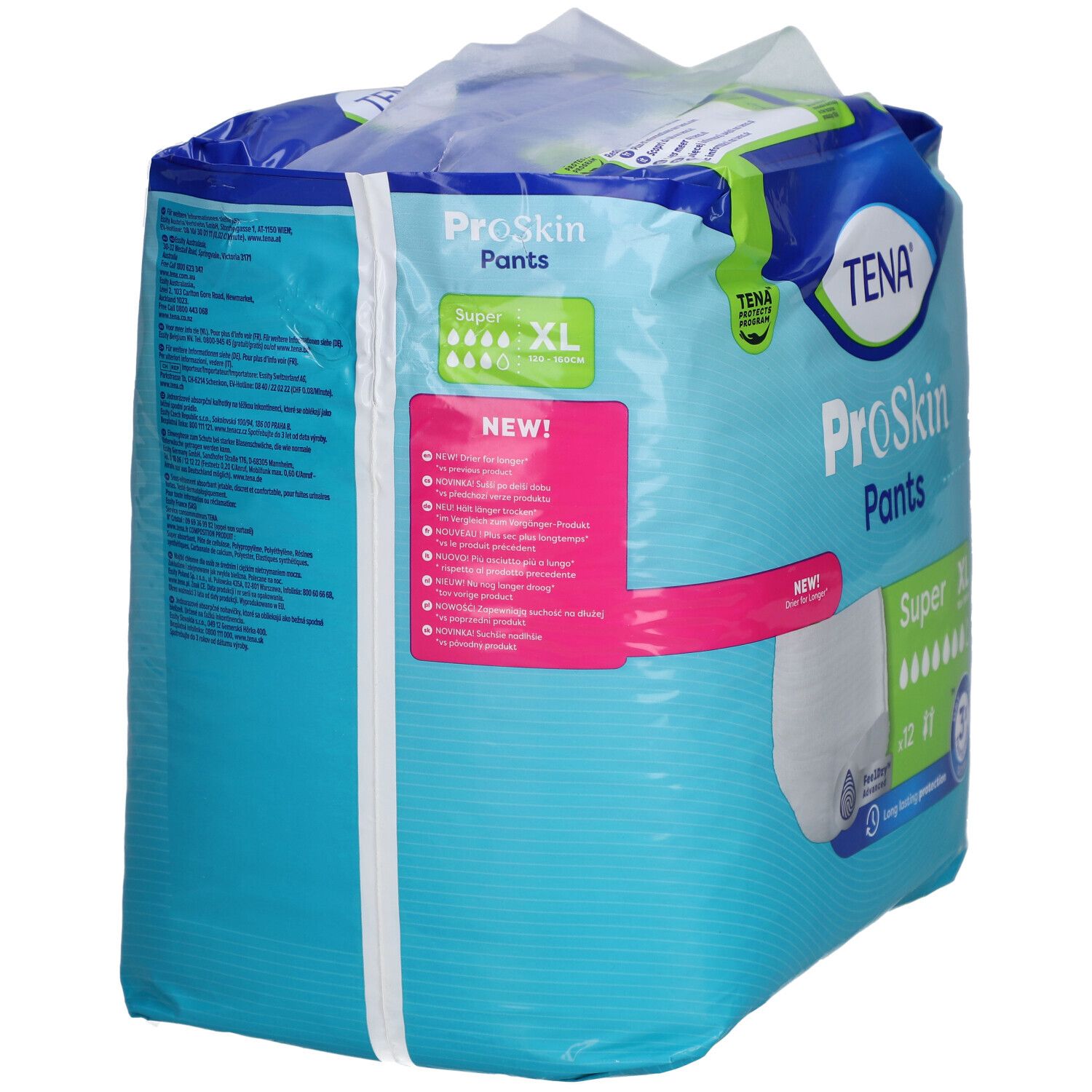Verpackung TENA ProSkin Pants Super XL. Blaue Verpackung mit Produktabbildung und Größenangabe. Enthält Informationen.