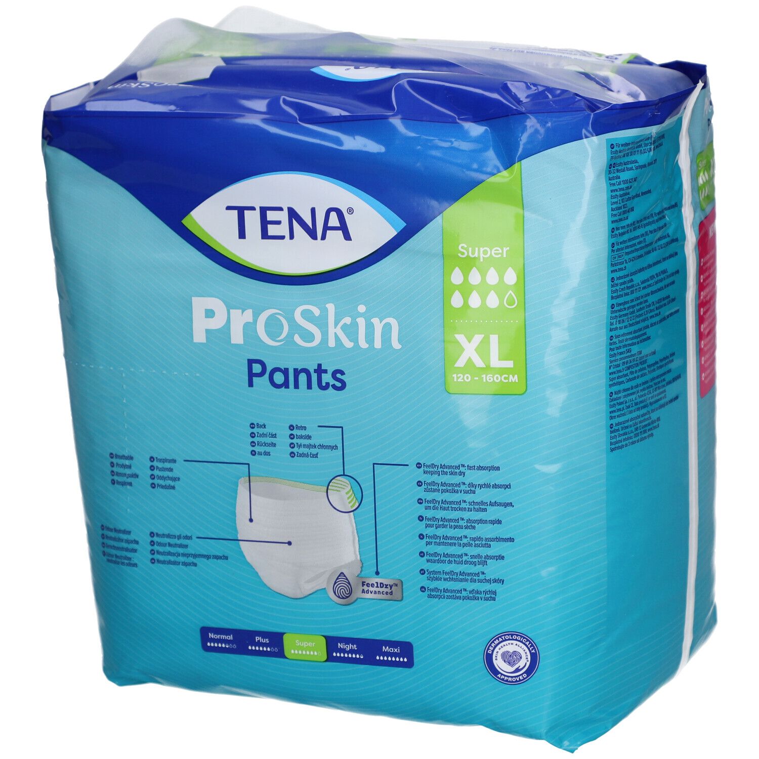 Verpackung TENA ProSkin Pants Super XL. Blaue Verpackung mit Produktabbildung und Größenangabe. Enthält Informationen.