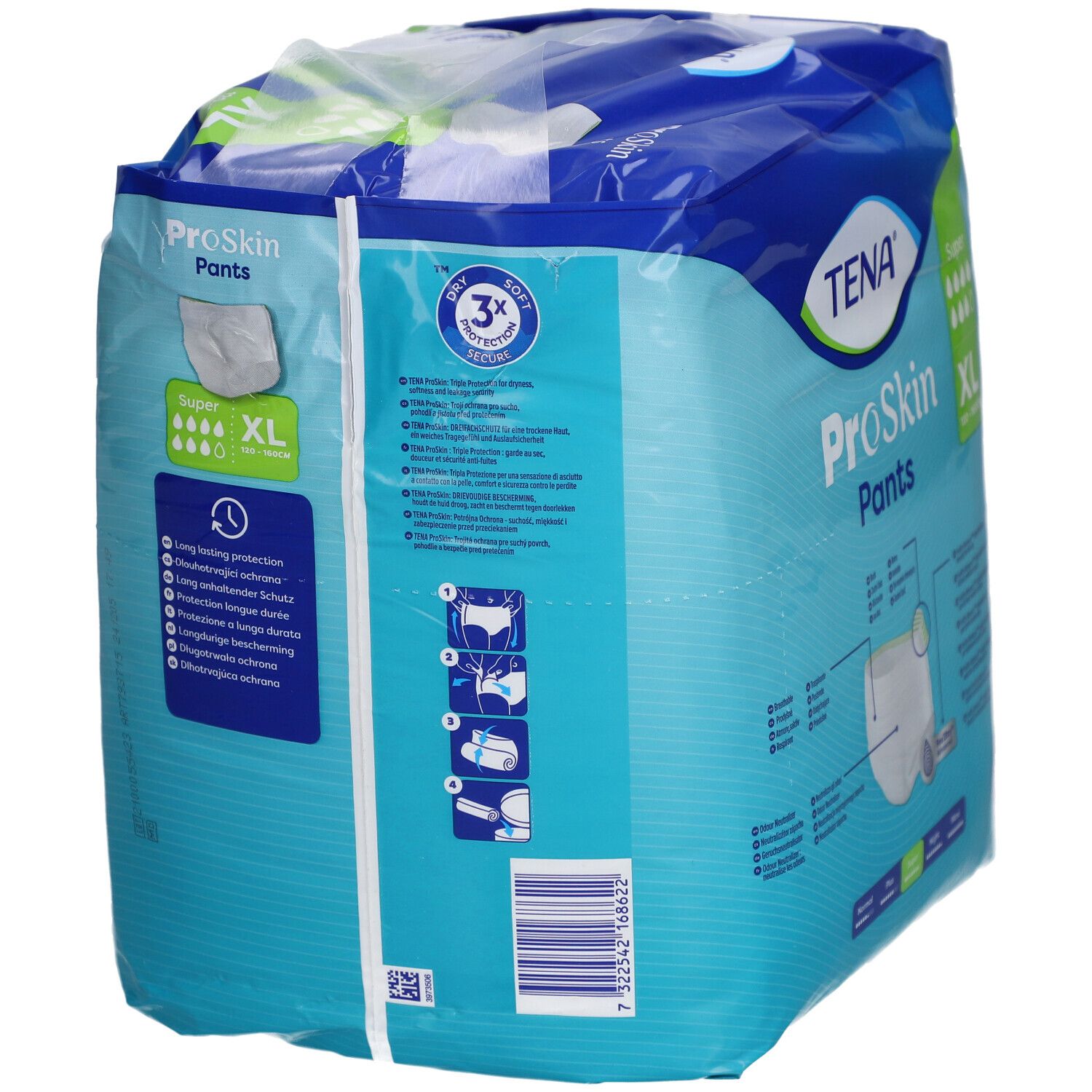 Rückseite der Verpackung TENA ProSkin Pants Super XL. Blaue Verpackung mit Produktabbildung und Größenangabe. Enthält Informationen.