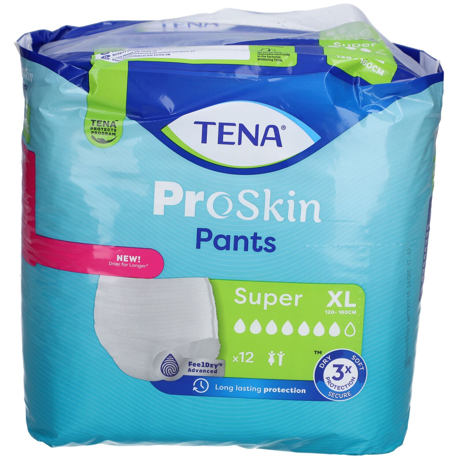 Verpackung TENA ProSkin Pants Super XL. Blaue Verpackung mit Produktabbildung und Größenangabe. Enthält 12 Stück.