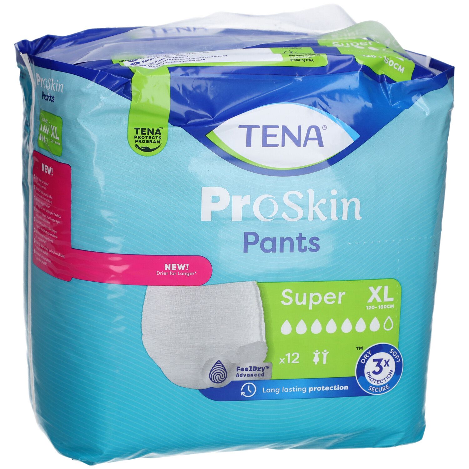 Verpackung TENA ProSkin Pants Super XL. Blaue Verpackung mit Produktabbildung und Größenangabe. Enthält 12 Stück.