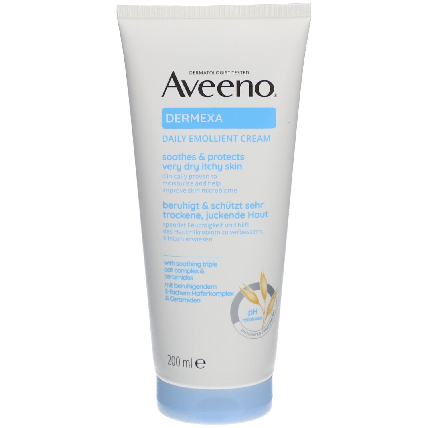 Weiße Tube mit Aveeno Dermexa Creme. Blaue Akzente. Text: Daily Emollient Cream, beruhigt & schützt sehr trockene, juckende Haut.