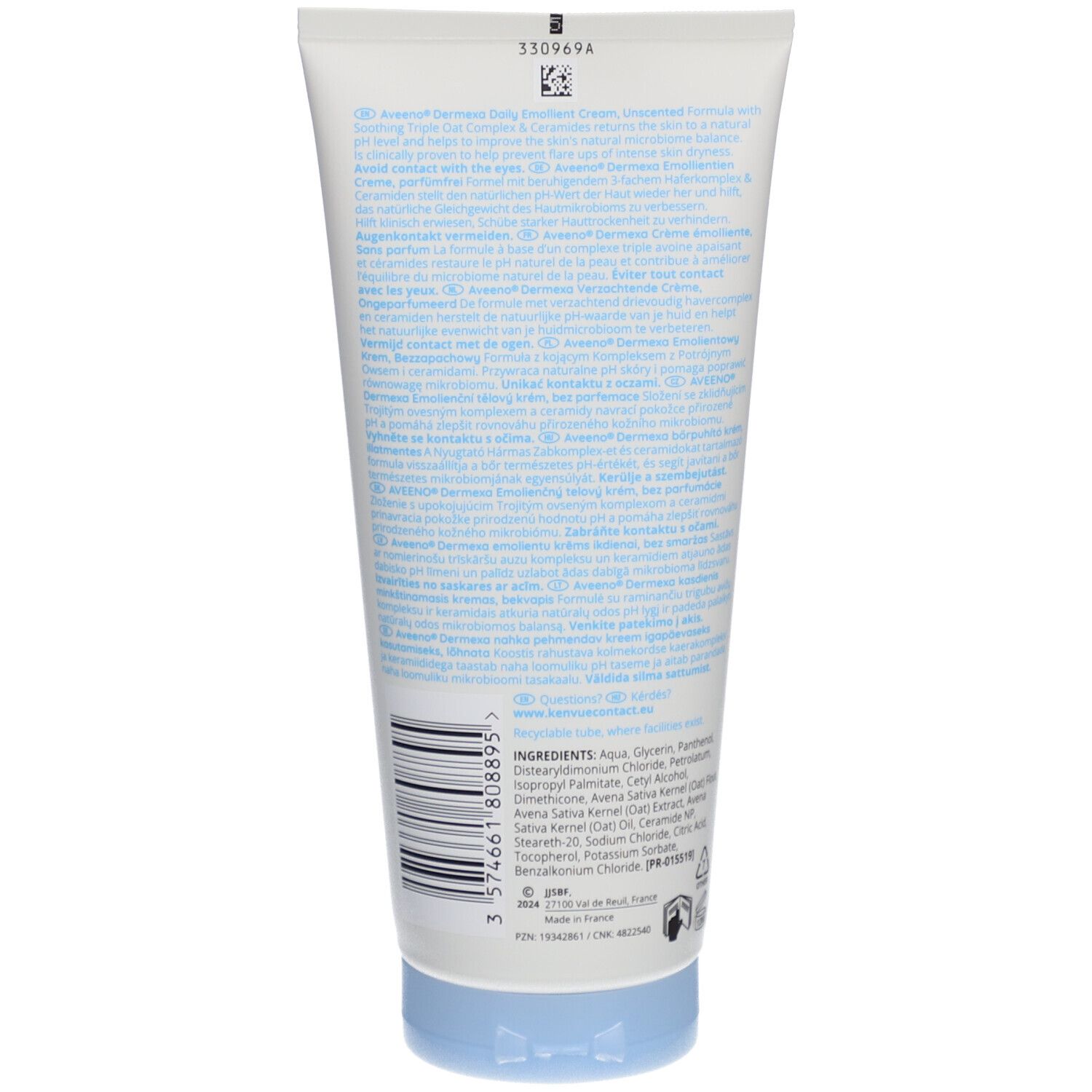 Rückseite der Aveeno Dermexa Creme Tube. Text in mehreren Sprachen. Inhaltsstoffe und Herstellerinformationen sind sichtbar.