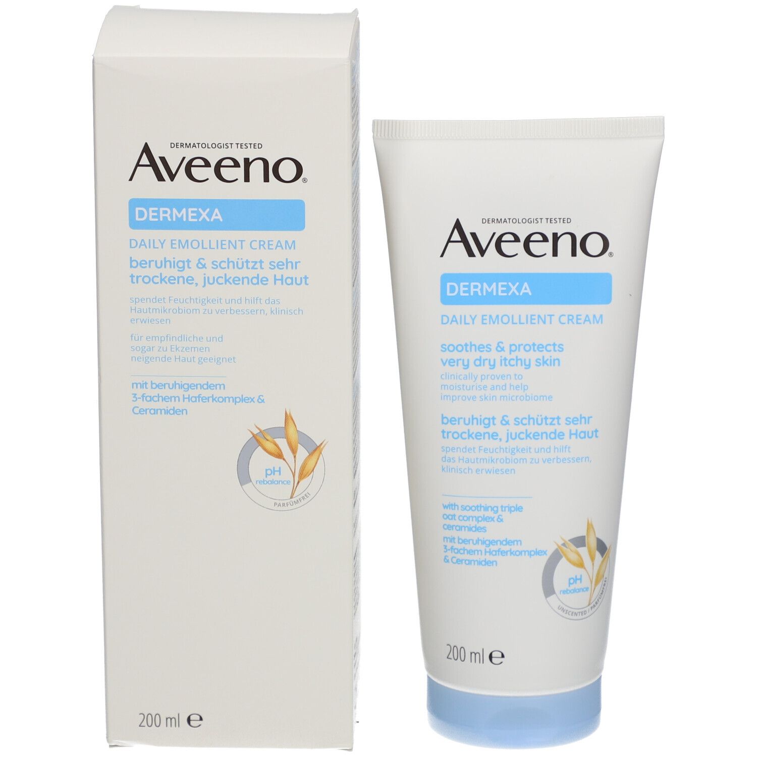 Aveeno Dermexa Creme und Verpackung. Weiße Verpackung mit Produktinformationen. Tube und Schachtel nebeneinander.