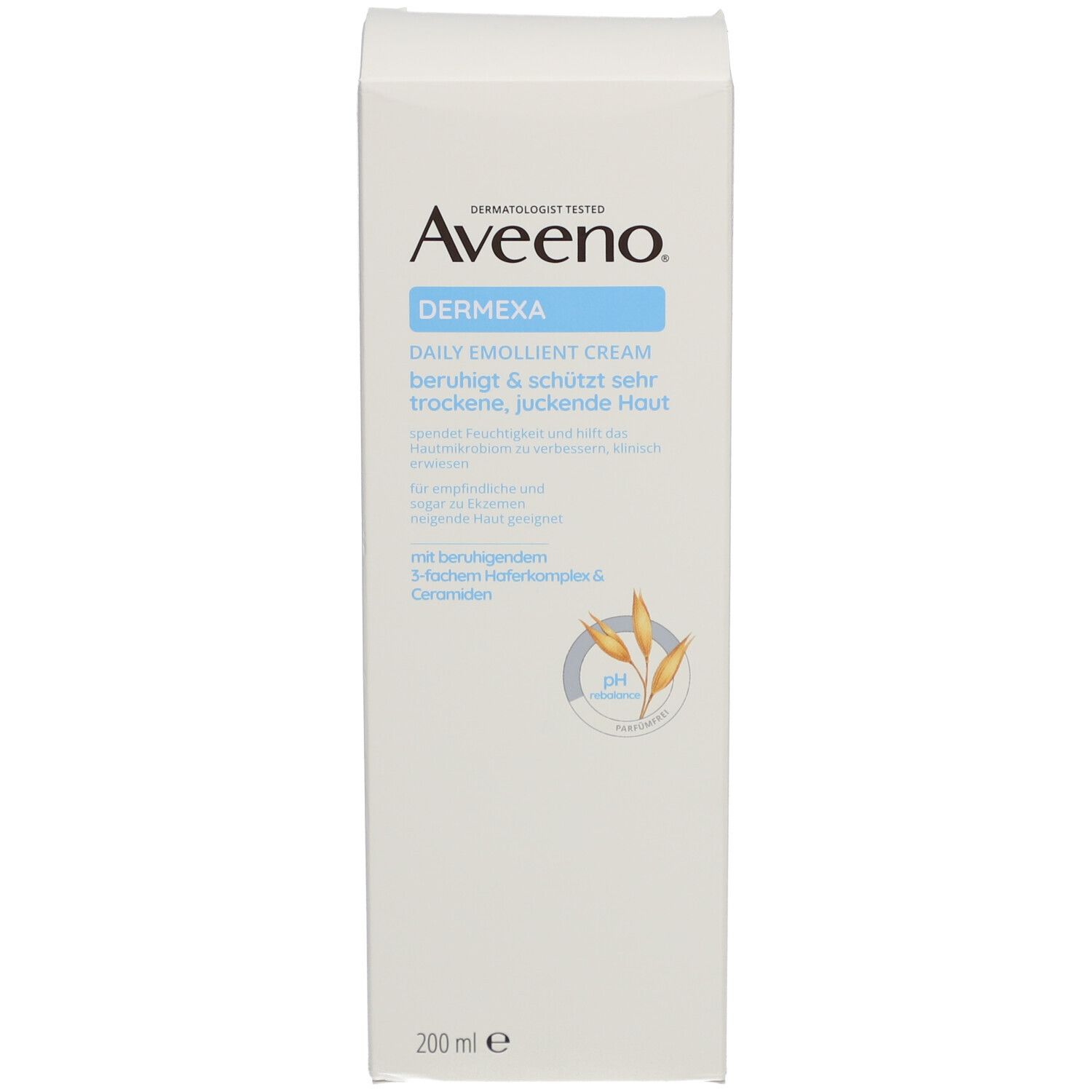 Weiße Verpackung von Aveeno Dermexa Creme. Produktname und Informationen auf der Vorderseite. Blaue und beige Akzente.