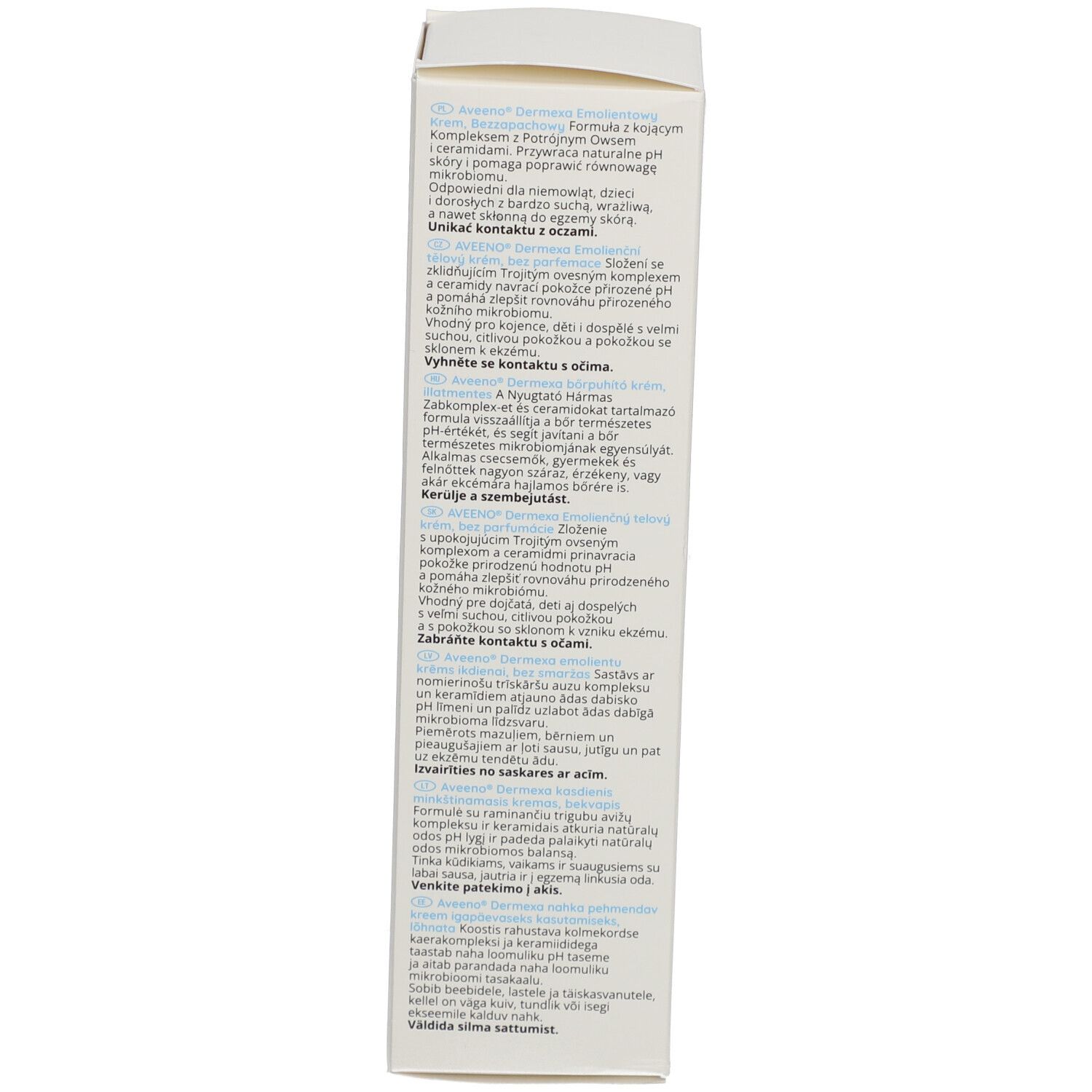 Rückseite der Aveeno Dermexa Creme Verpackung. Text in mehreren Sprachen. Inhaltsstoffe und Herstellerinformationen sind sichtbar.
