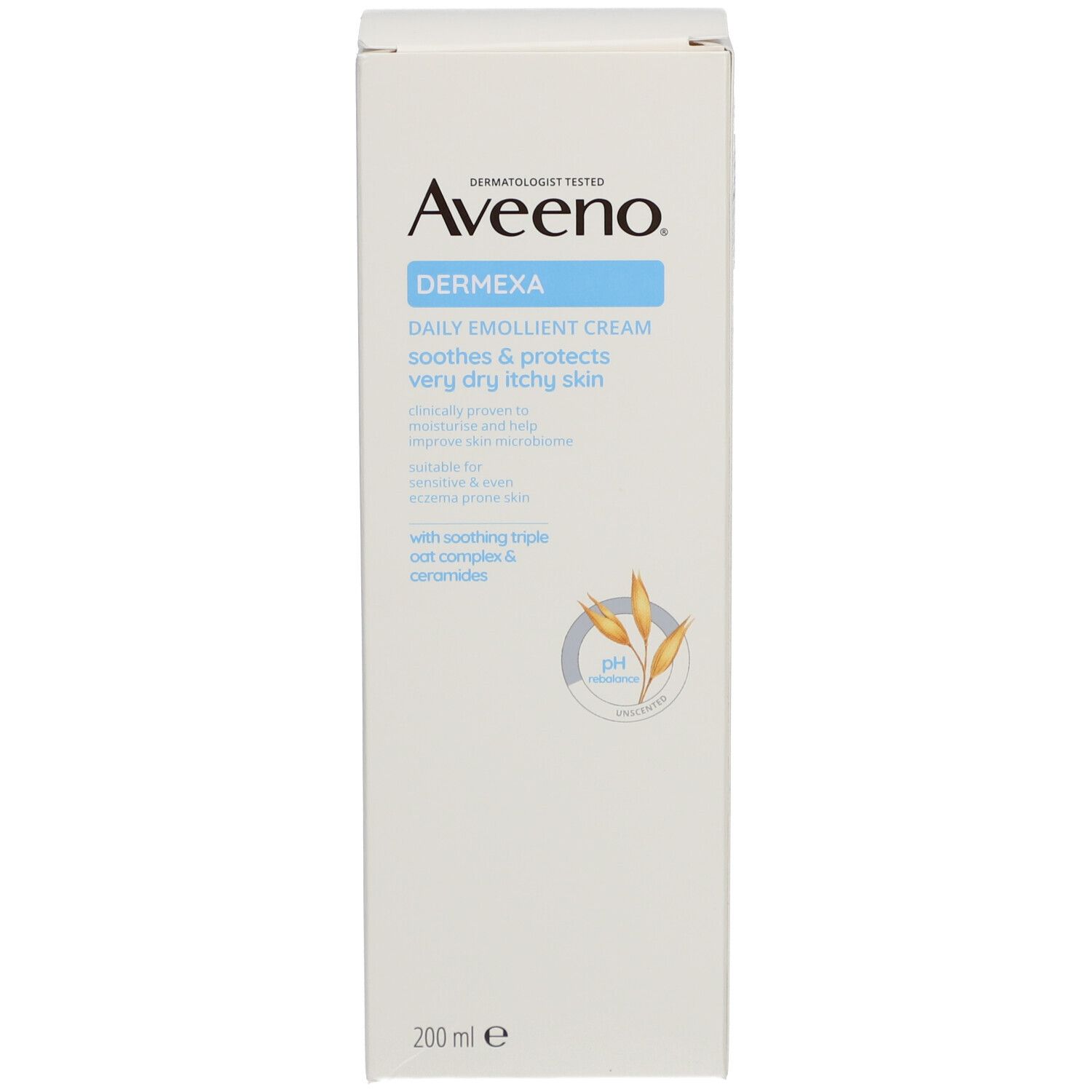 Weiße Verpackung von Aveeno Dermexa Creme. Produktname und Informationen auf der Vorderseite. Blaue und beige Akzente.