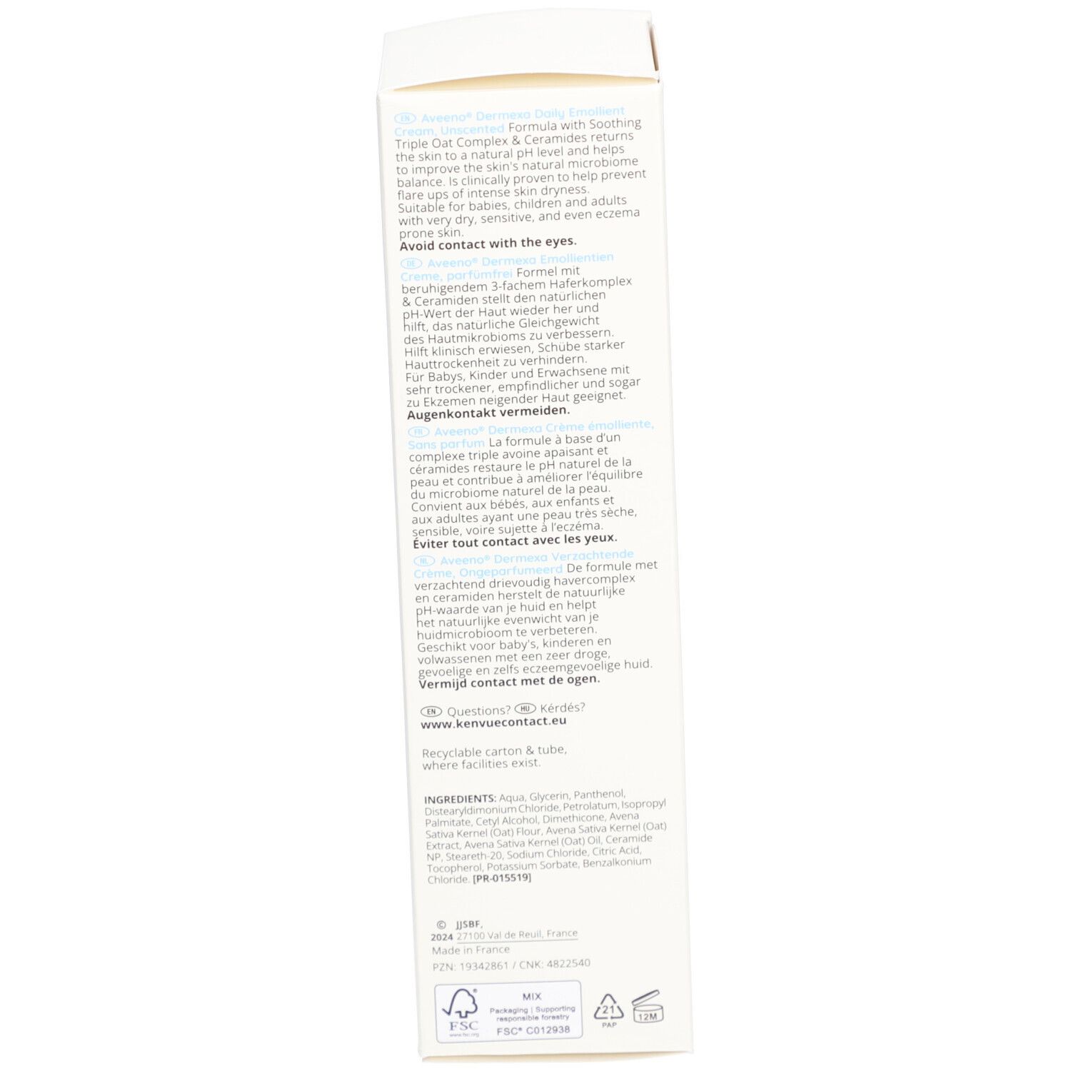 Rückseite der Aveeno Dermexa Creme Verpackung. Text in mehreren Sprachen. Inhaltsstoffe und Herstellerinformationen sind sichtbar.