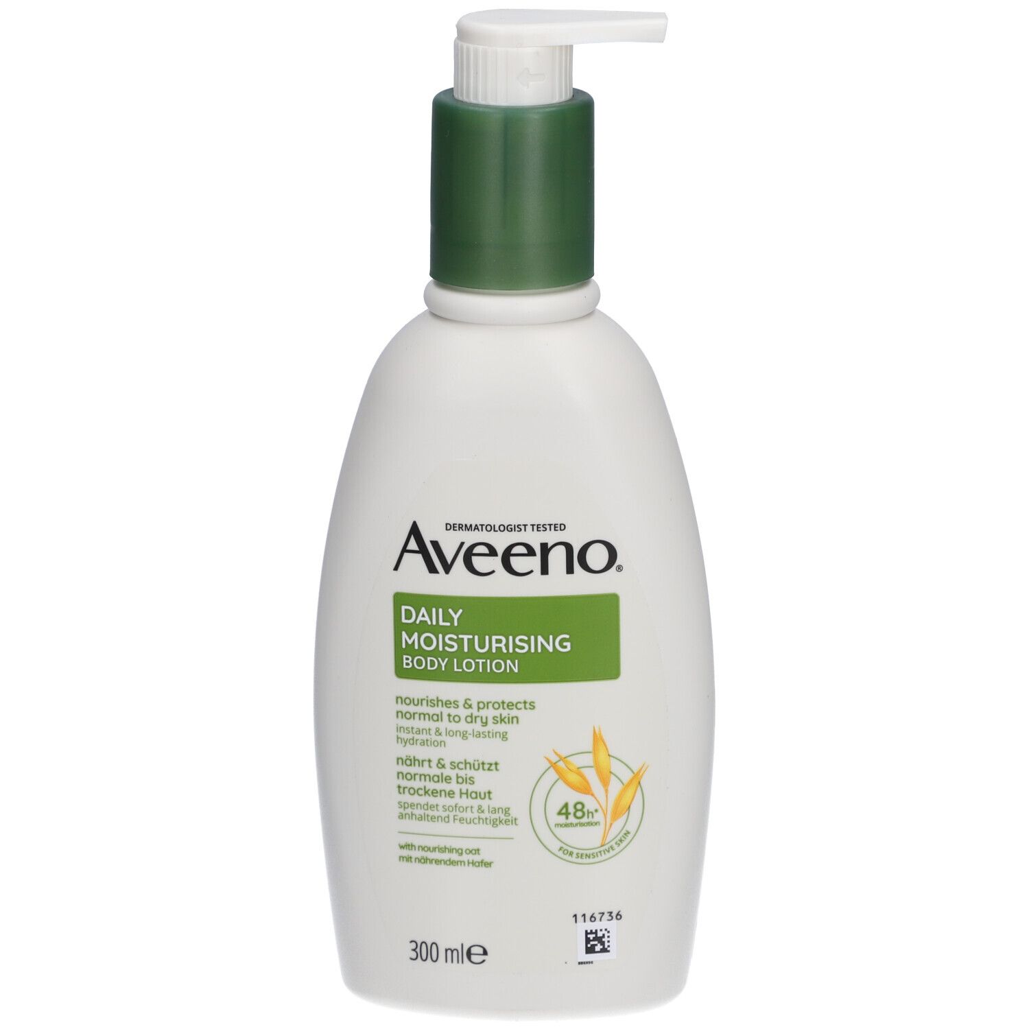Weiße Flasche mit grünem Deckel und Pumpe. Aufschrift: Aveeno Daily Moisturising Body Lotion. Enthält Hafer. 300 ml.